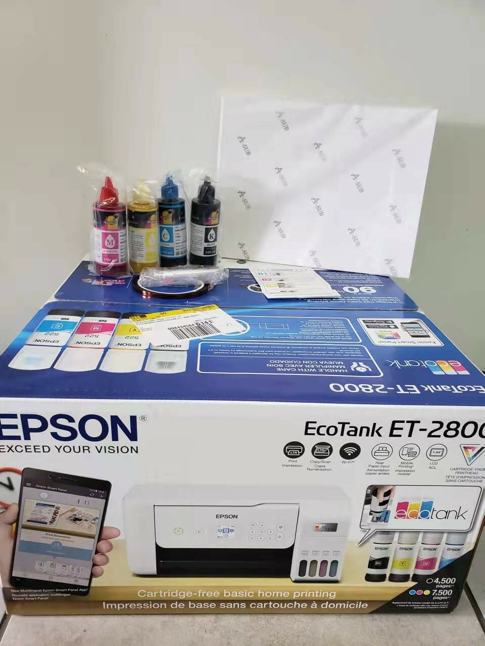 New Epson Printer With 4X100ml Sublimation Ink & 110  Paper 2800 2803 white