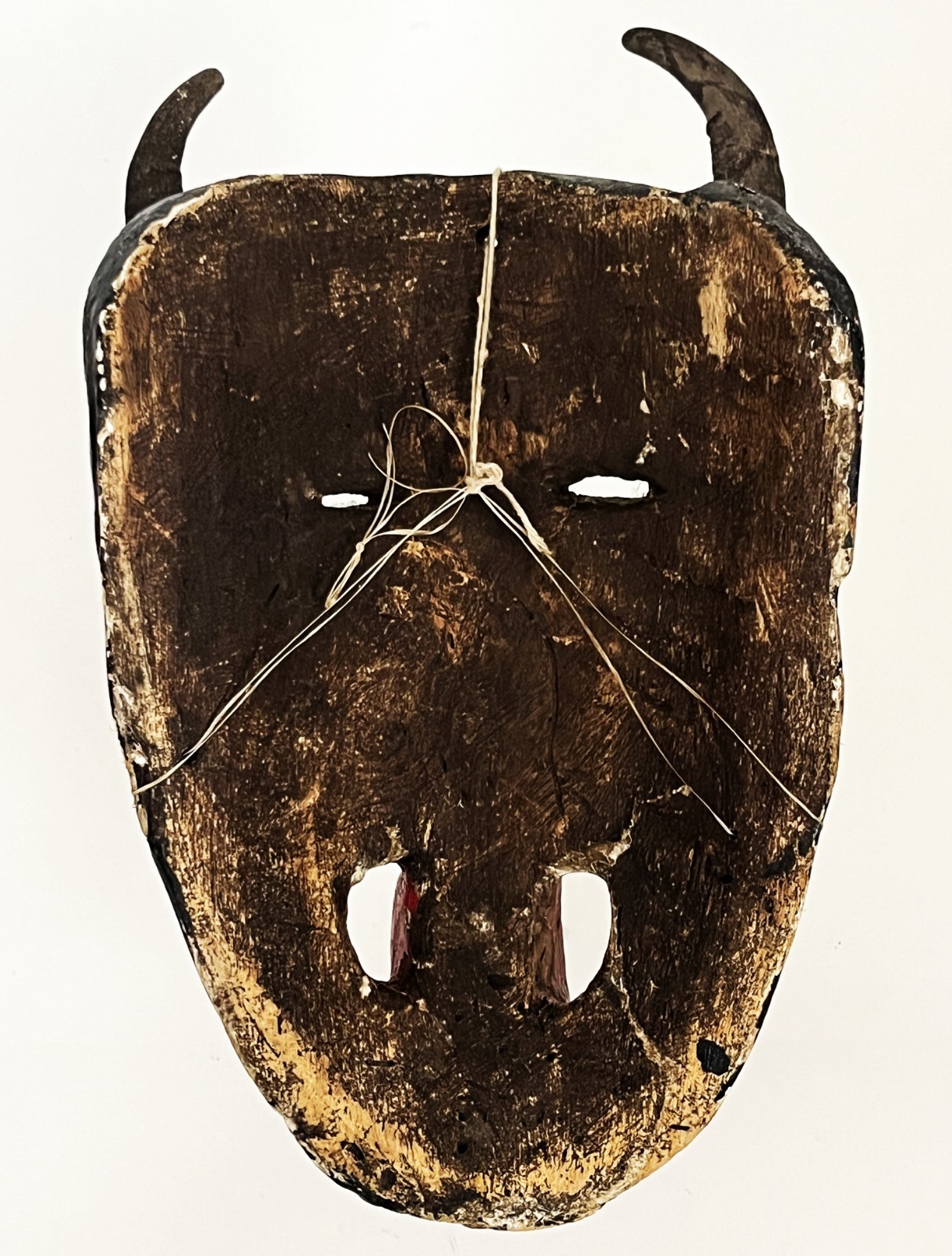 MEXICAN FOLK ART CARVED WOOD BLACK HORNED DIABLO DEVIL DEMON DANCE MASK 14 x 8"