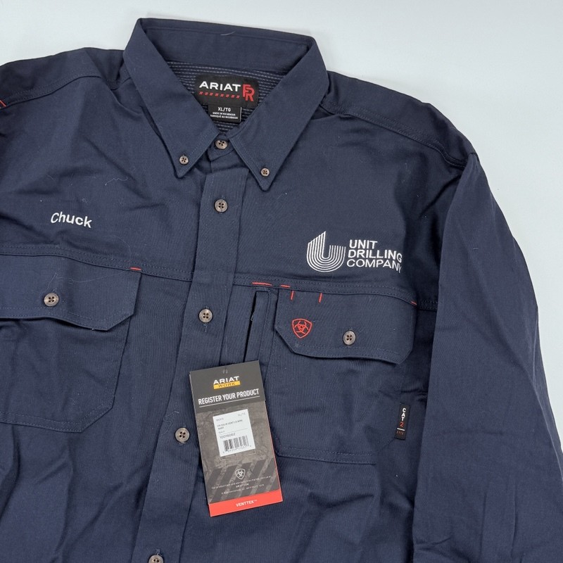 Ariat Work FR Solid Venttek LS Work Shirt Men's XL Navy Unit Drilling Company