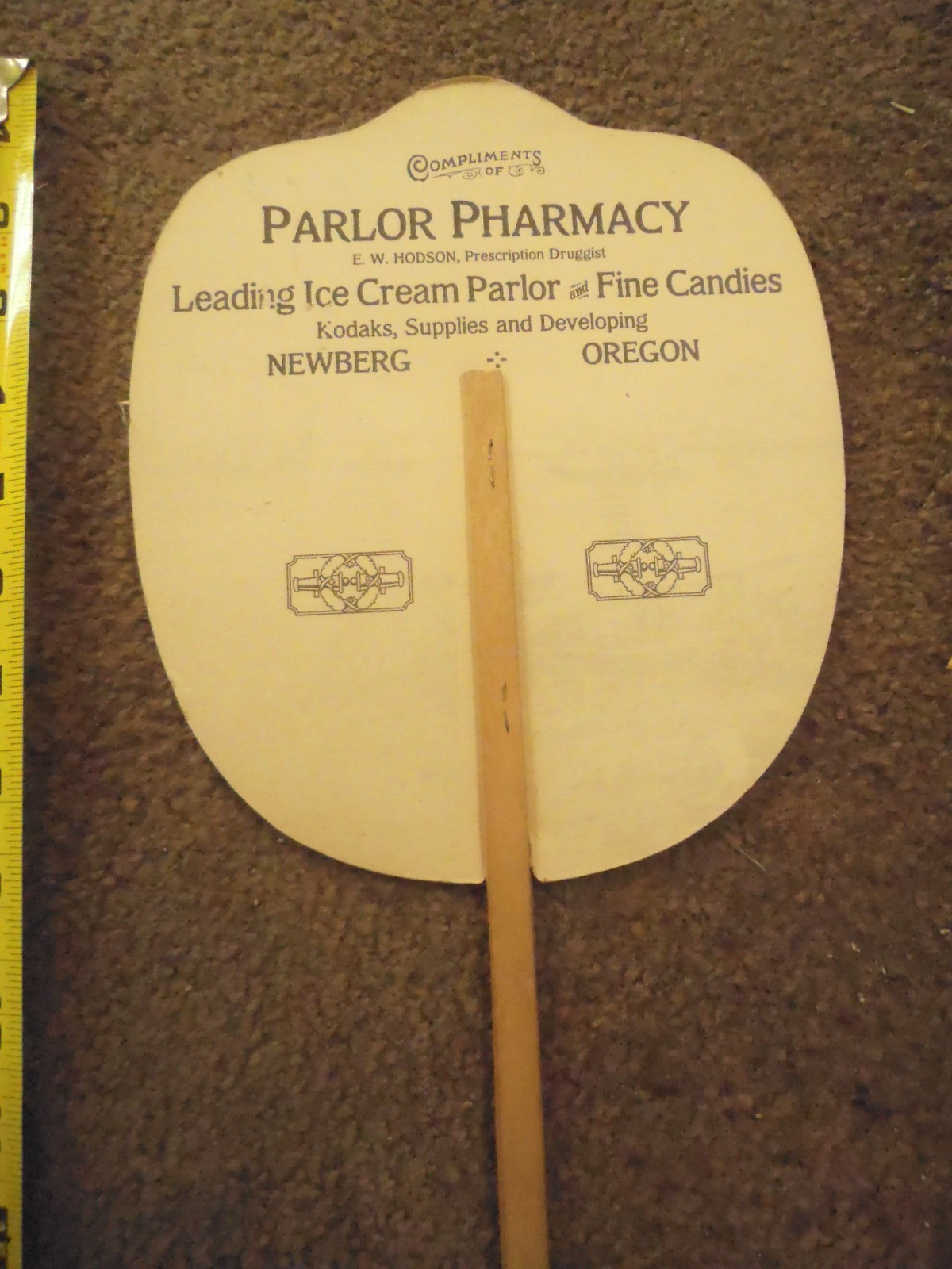 PARLOR PHARMACY NEWBERG OREGON ADVERTISING FAN 1920S EXCELLENT