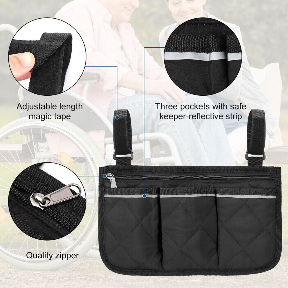 Wheelchair Side Bag Hang on Side Armrest Accessories Storage Pouch w/ Cup Holder