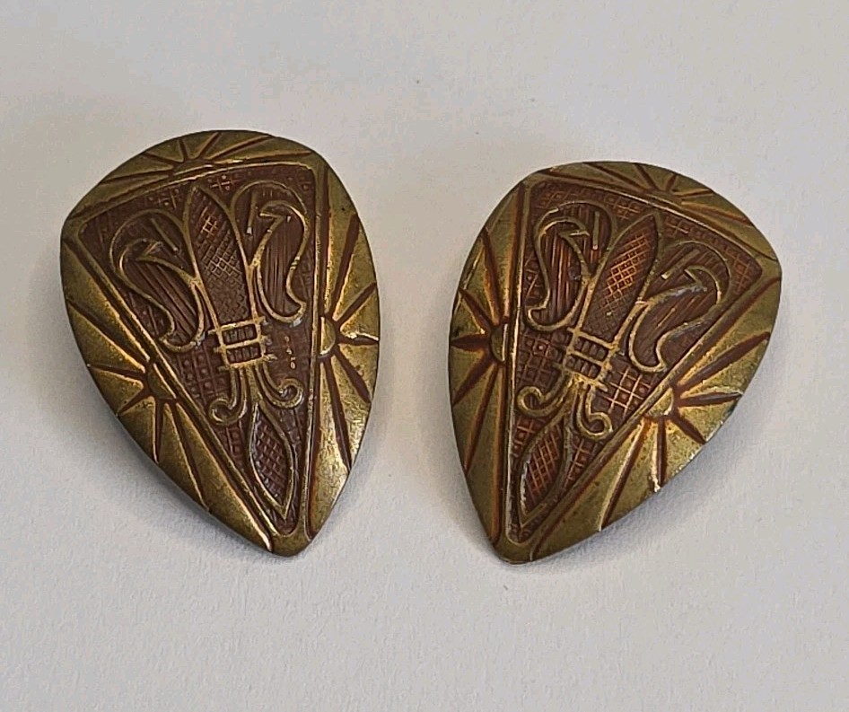 PAIR OF ANTIQUE ART NOVEAU BRASS FLEUR DE LIS SHIELD BUTTON COVERS