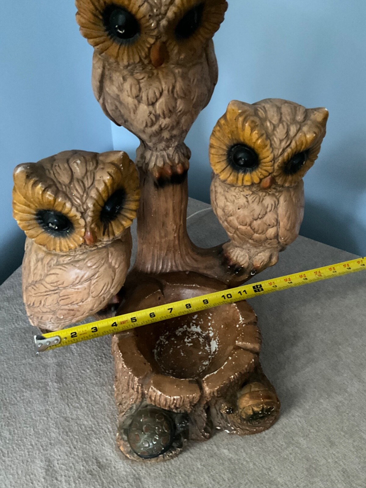 Old Vintage three Owls cabin Table Lamp 2’ tall with ashtray chalkware working