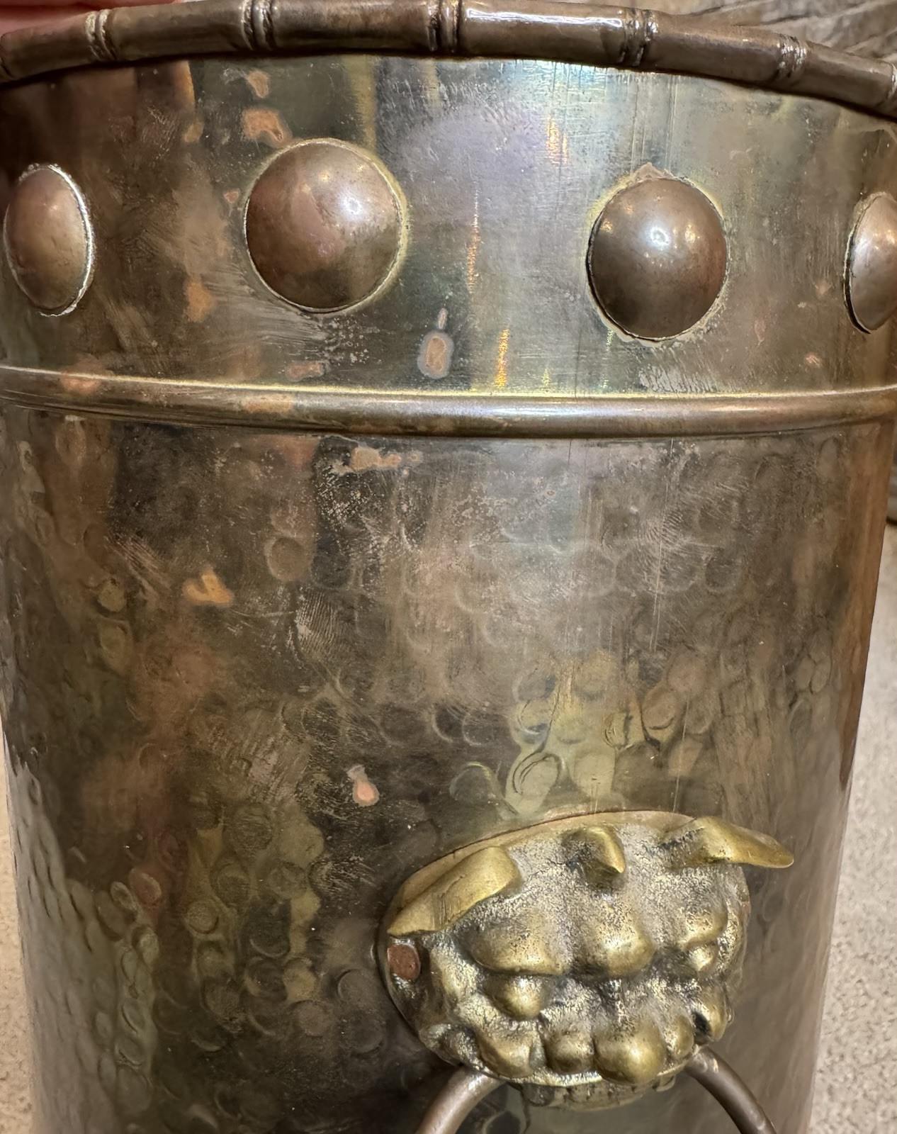 18" Tall Vintage Hammered Brass Umbrella Stand With Lion Head Handles Hong Kong