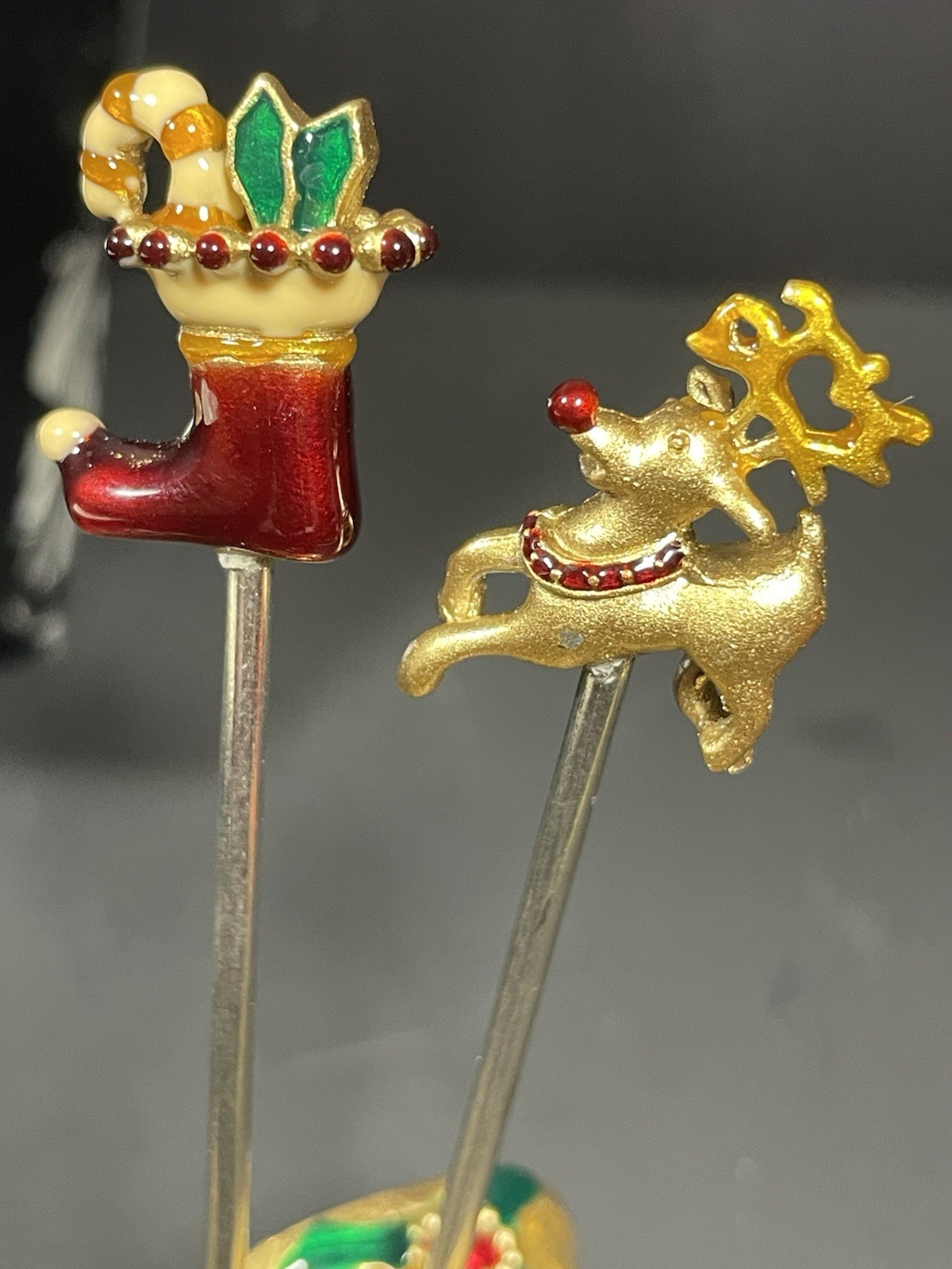 Bejeweled Bombay Christmas Sleigh w Cocktail Picks Forks Enameled In Box