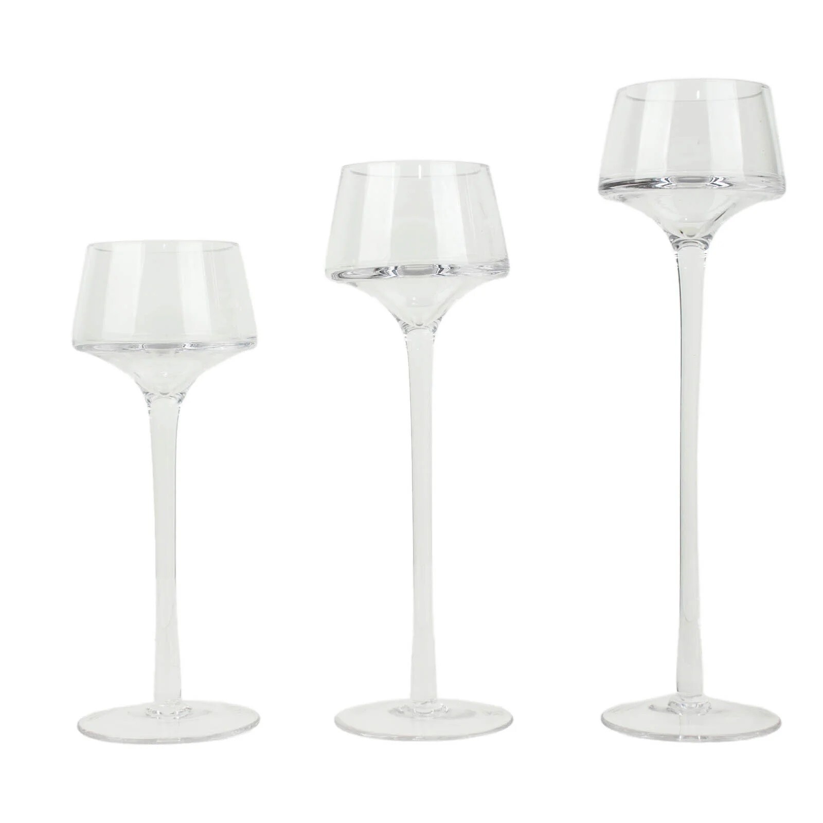 3 CLEAR Long Stem Crystal Glass CANDLE HOLDERS Vases Centerpieces Party Events