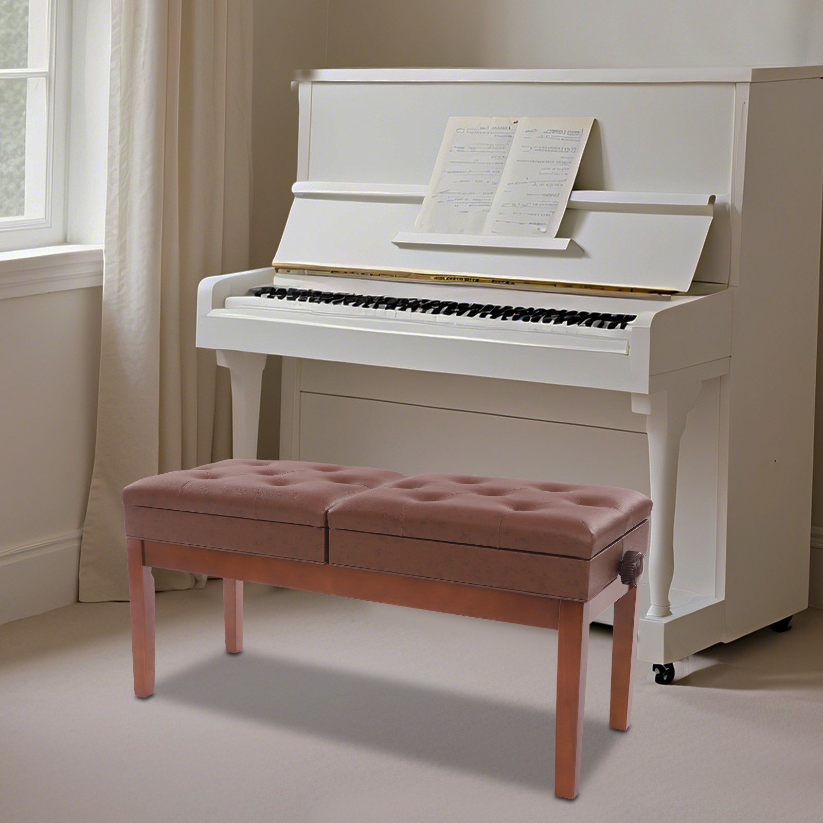 Double Seater Piano Bench Adjustable Duet Piano Bench Piano Bench w/Storage Box