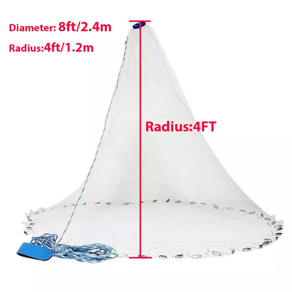 8FT Fishing Cast Net Bait Easy Throw Hand Cast Strong Nylon Mesh 3/8in Mesh Size