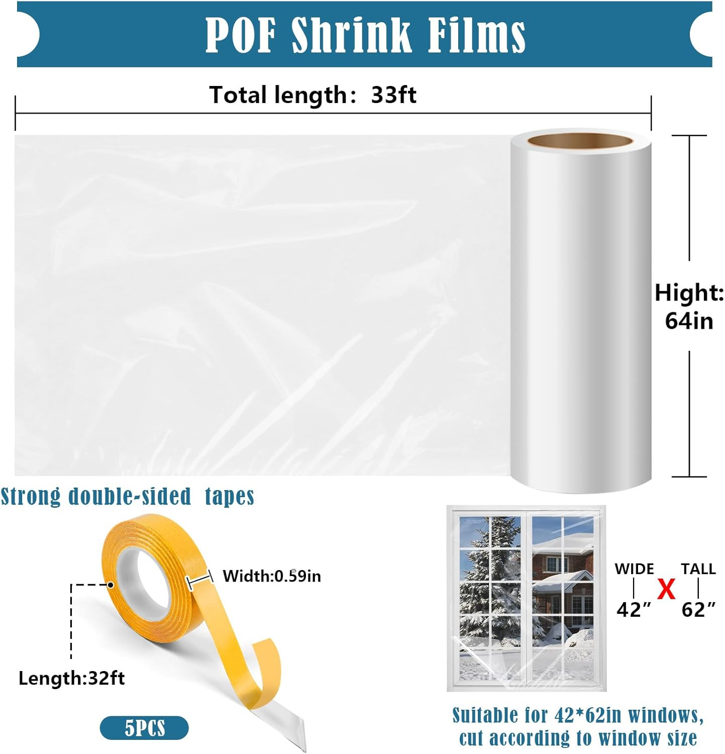 Window Insulation Kit, 63 × 394 Inch Plastic Window Coverings for Winter, Thicke