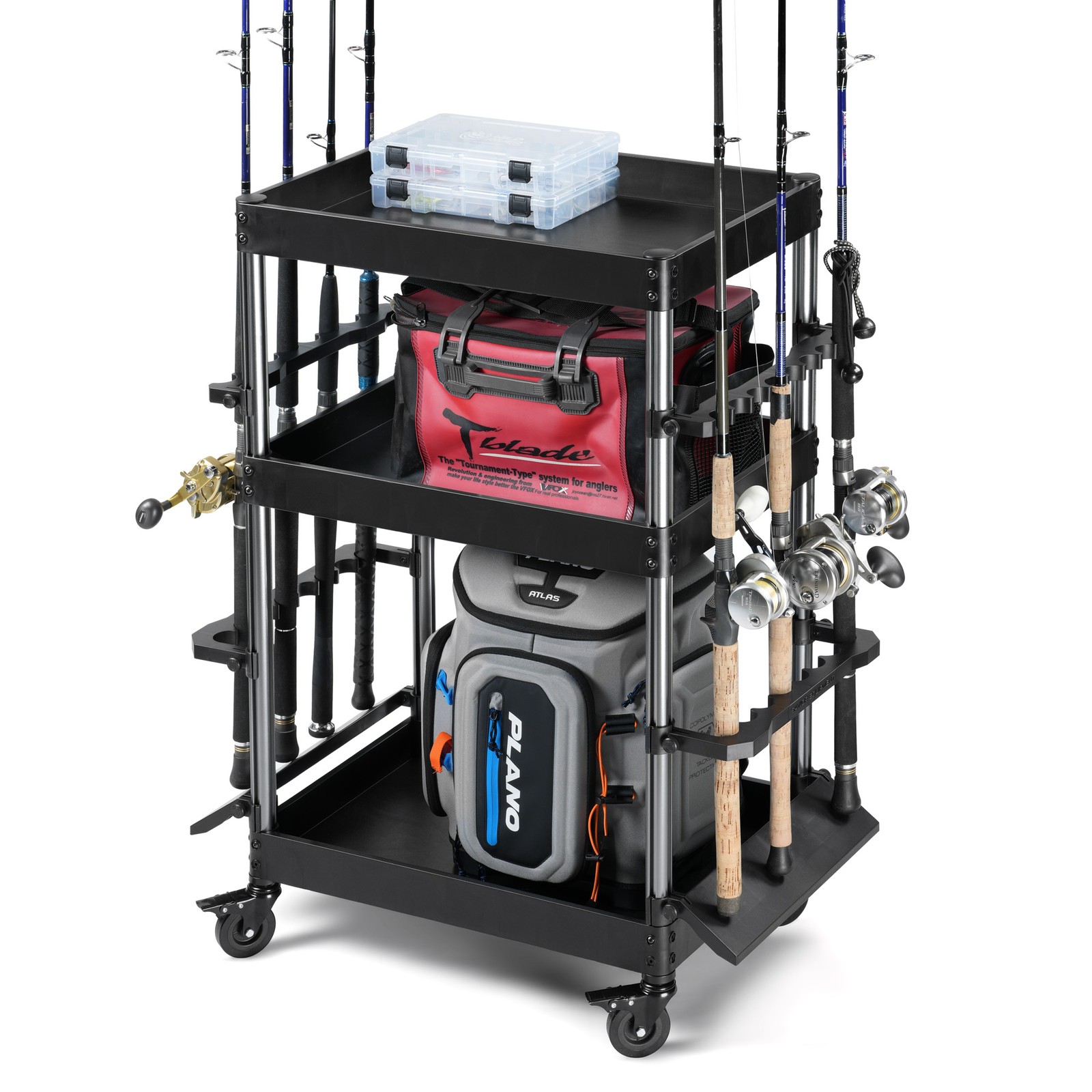 Mobile Tackle Station 16 x Fishing Rod Pole Gear Holder Extra Storage Rack Cart