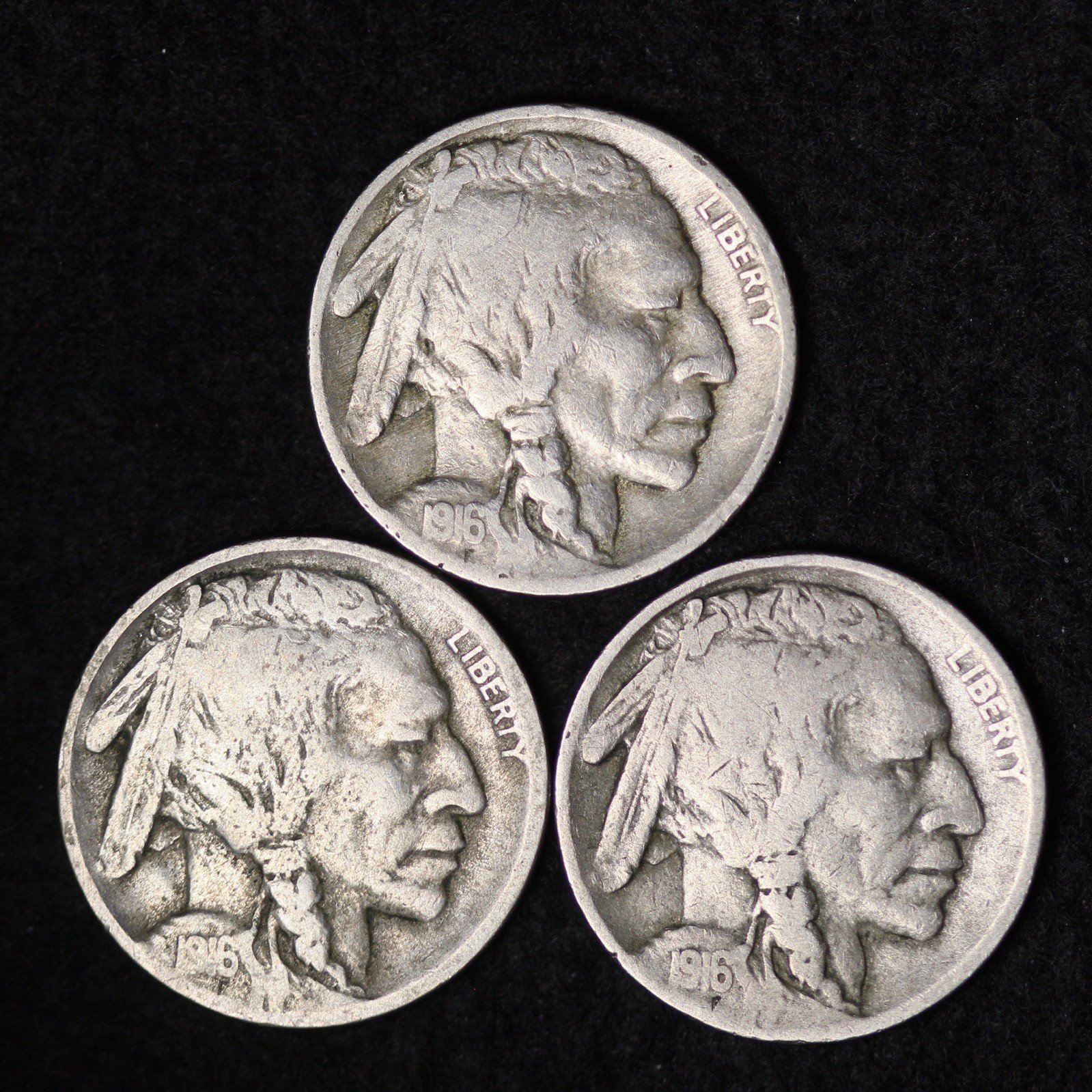 SET OF 3 COINS 1916 P D S Buffalo Nickels G / VG FREE SHIPPING