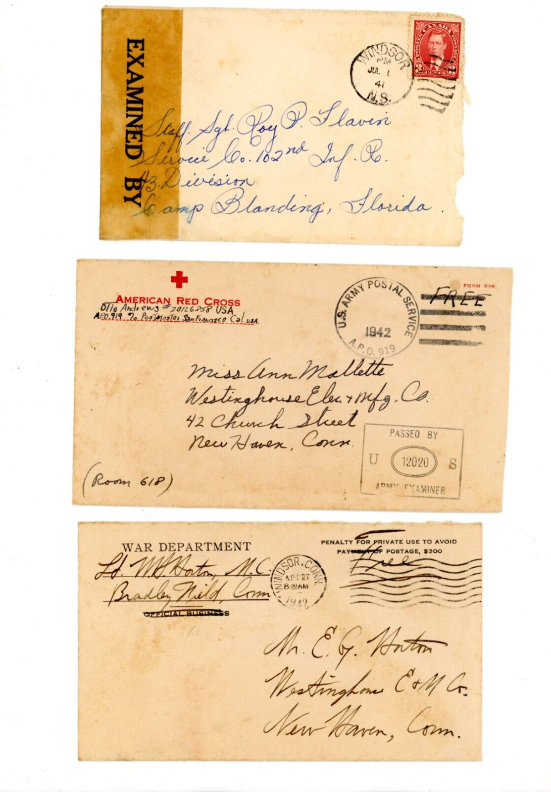 3 WW2 Posted Stamped envelopes from soldier Camp Blanding FL New Haven CT 1941-2