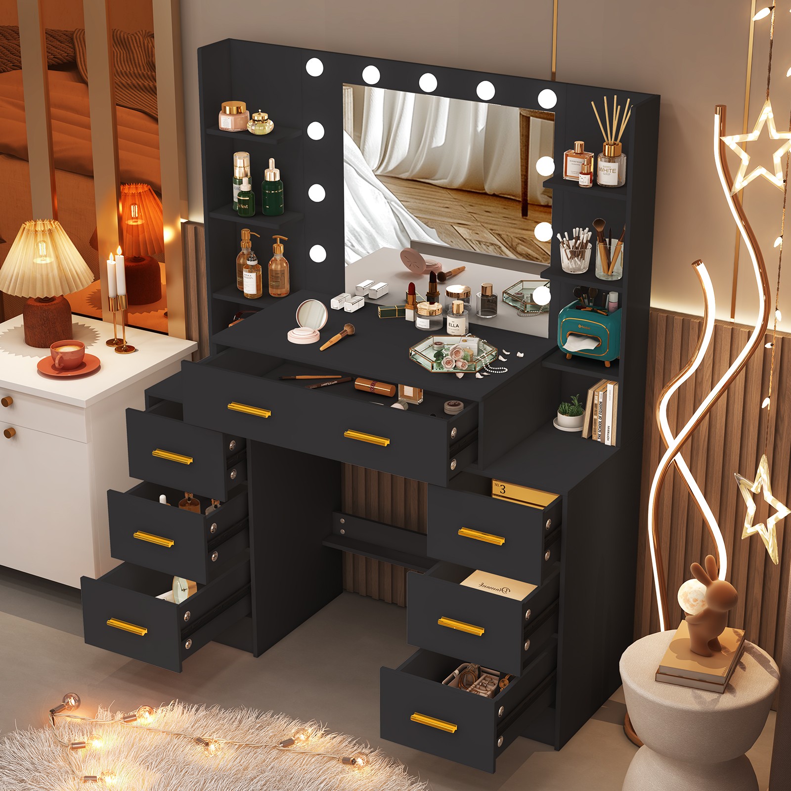 Large Vanity Makeup Table Dressing Desk With 11 LED Lighted Mirror & 7 Drawers