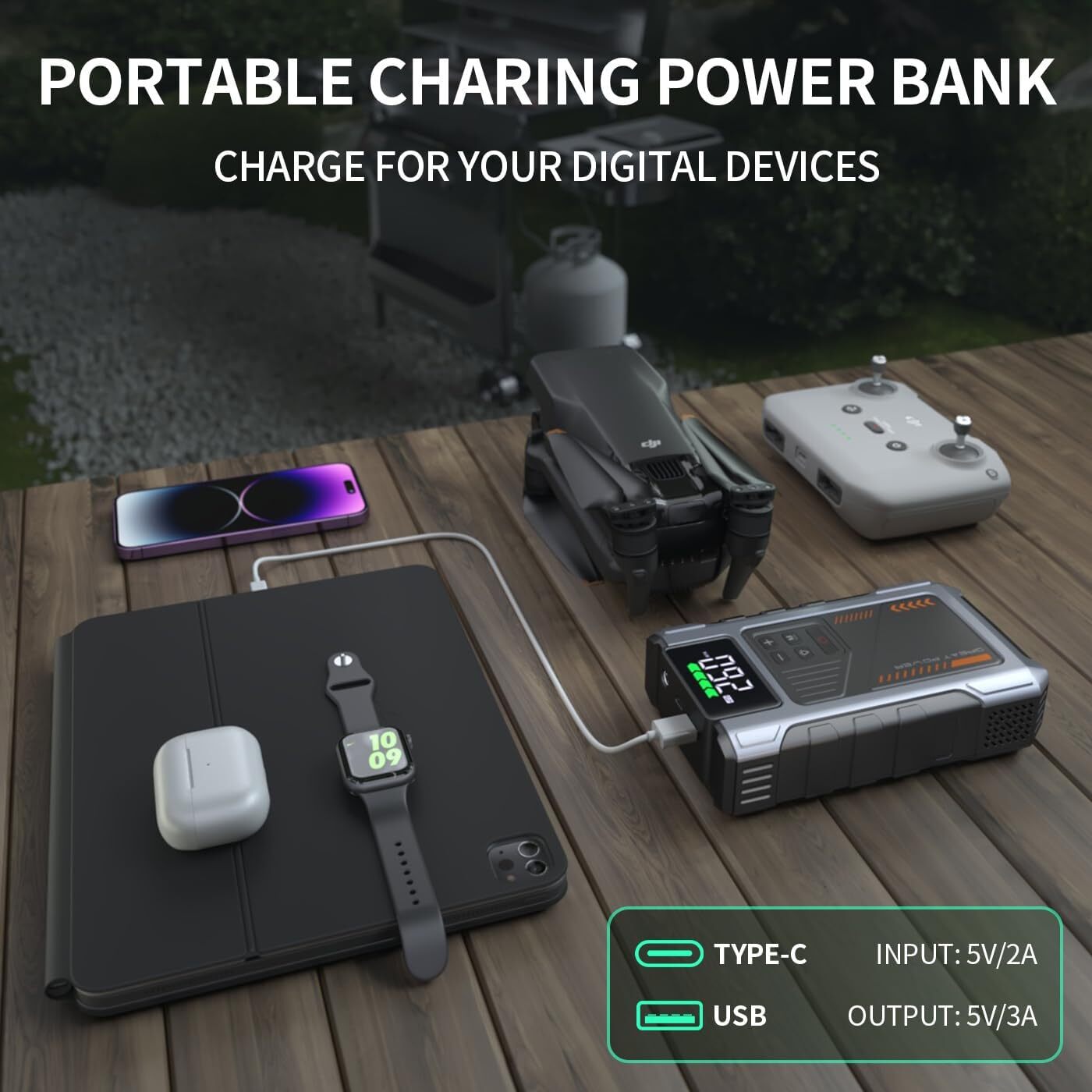 Jump Starter with Air Compressor 3000A Peak with 150PSI Tire Inflator, Jump Box