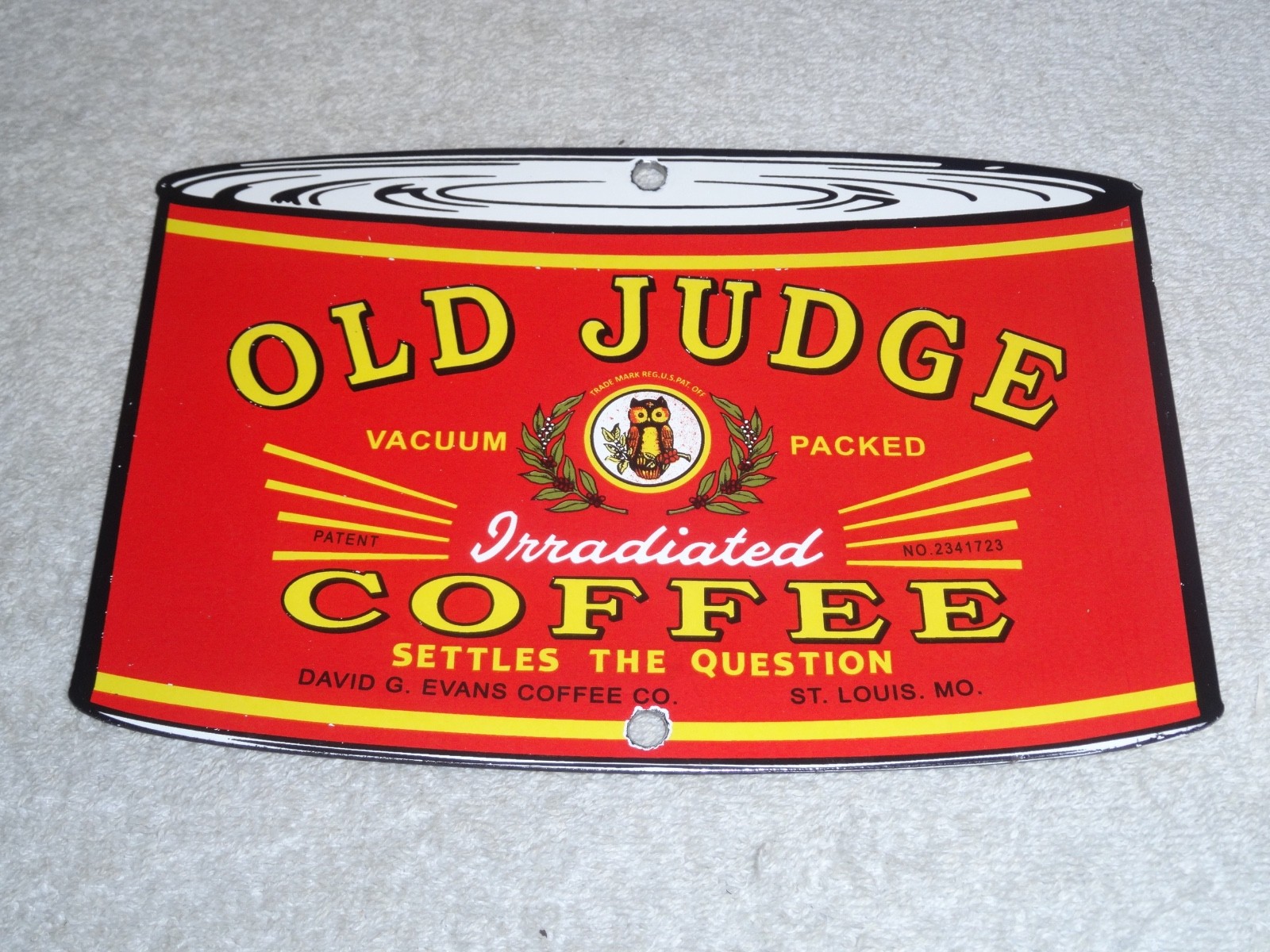 VINTAGE OLD JUDGE COFFEE CAN +OWL 7 3/4" PORCELAIN METAL SODA, GASOLINE OIL SIGN