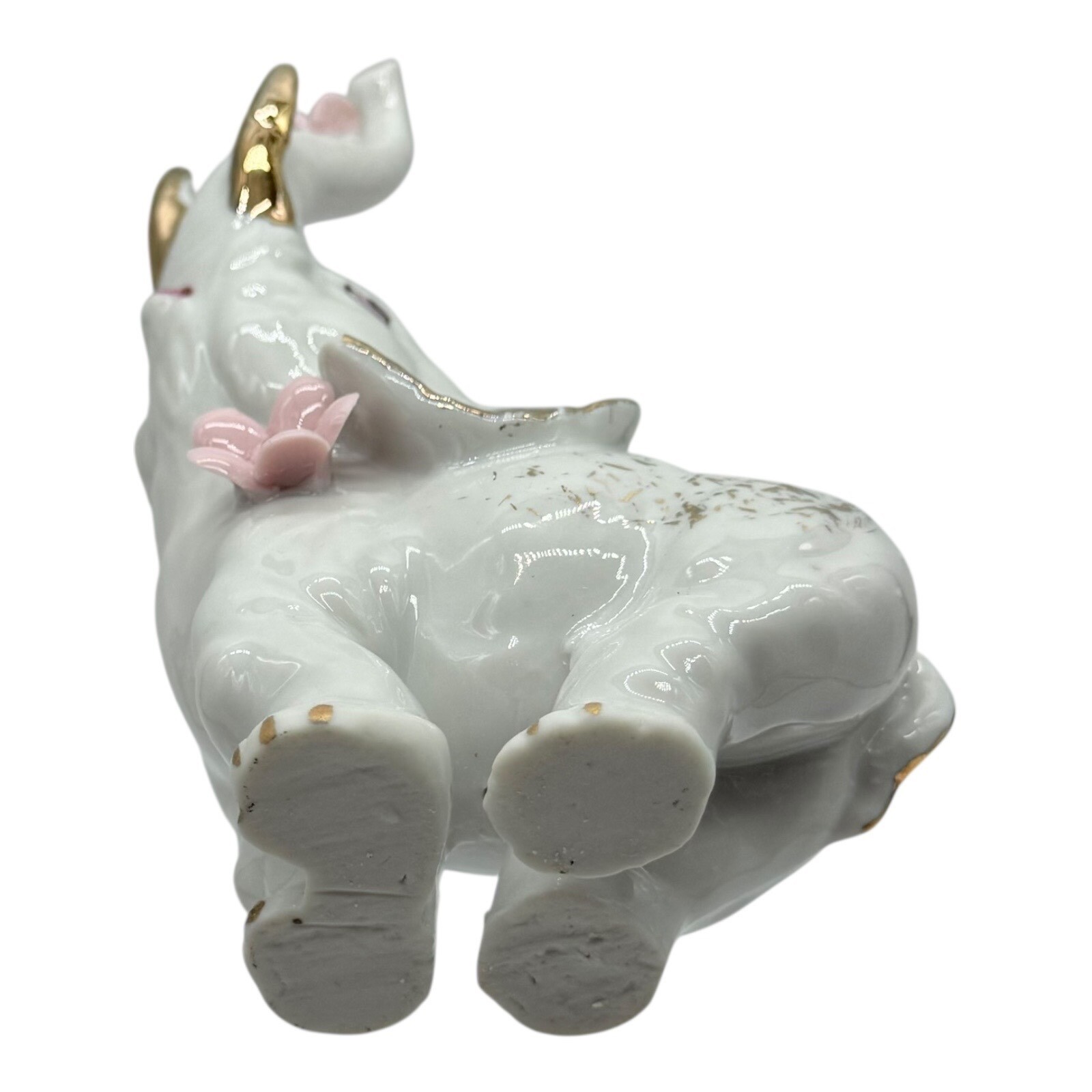 Elephant Figurine White Gold Accent Pink Flowers Trunk Up Good Luck Decor