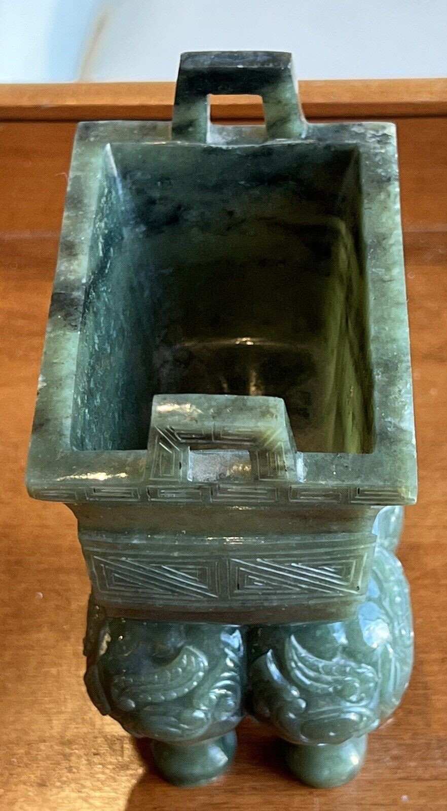 Hand Carved Dark Spinach Green Jade Asian Chinese Incense Burner Censor