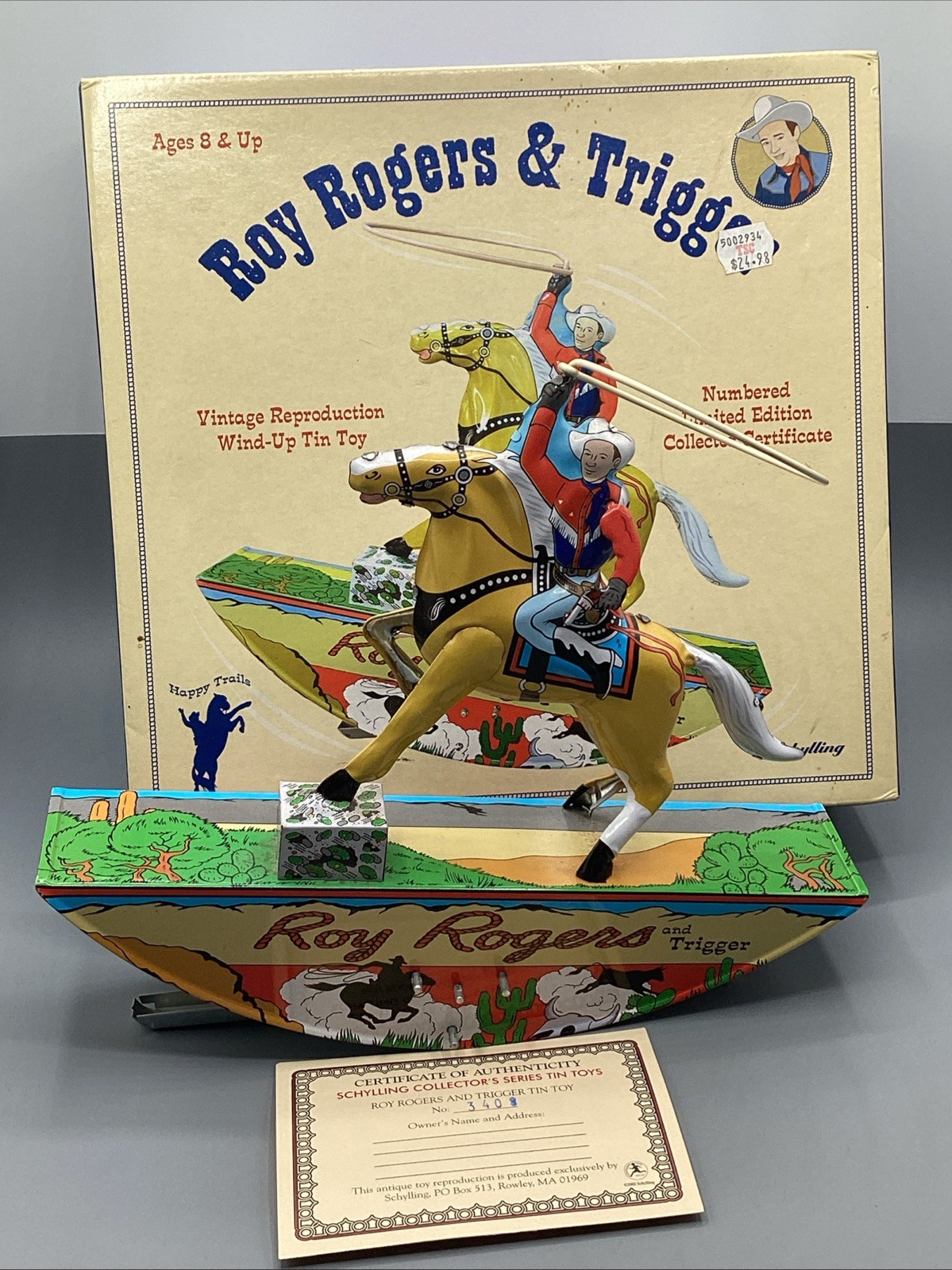 Schylling Vintage Reproduction Roy Rogers & Trigger Tin Wind-Up Toy W/Box