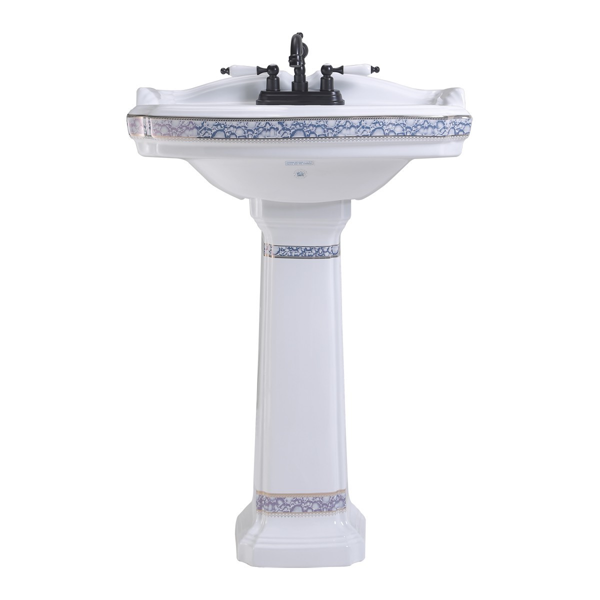 India Reserve White Bathroom Pedestal Sink Porcelain with Blue and Gold Finish
