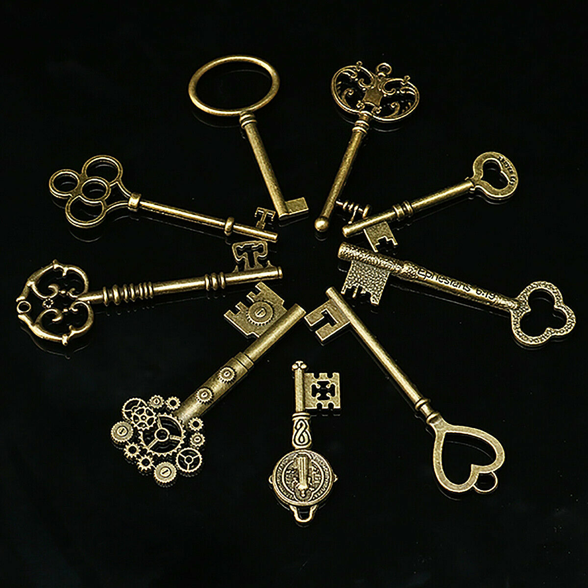 9pcs old Brass Skeleton Lot Keys BIG Large Antique Vintage for DIY Making Lock