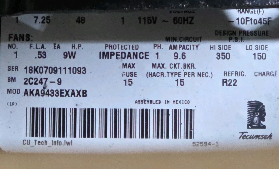 Tecumseh Compressor AKA9433EXAXB 2C247-9 1/3 HP R-22