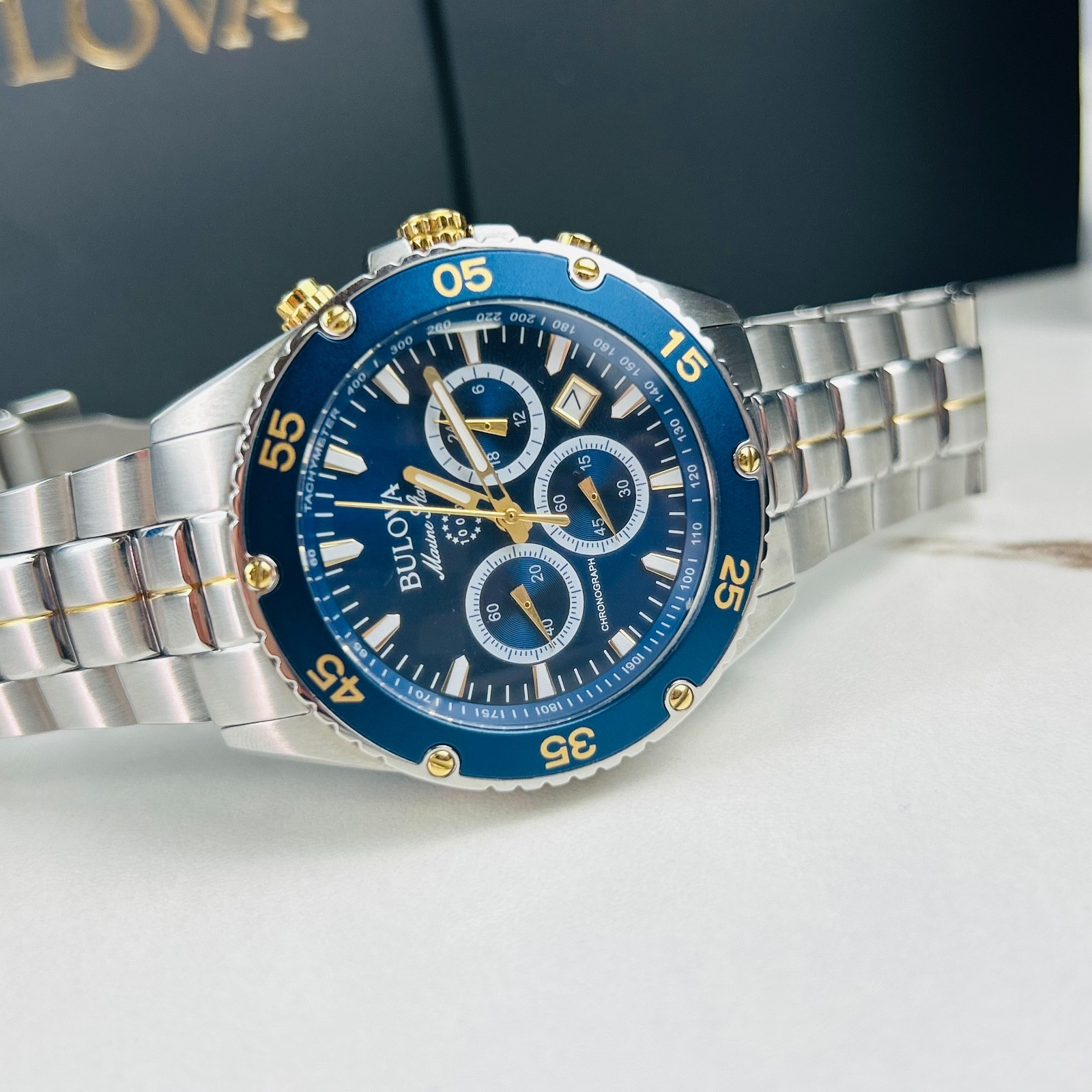 Bulova Marine Star 98B400 Men's Blue Dial Stainless Chronograph Quartz Watch New