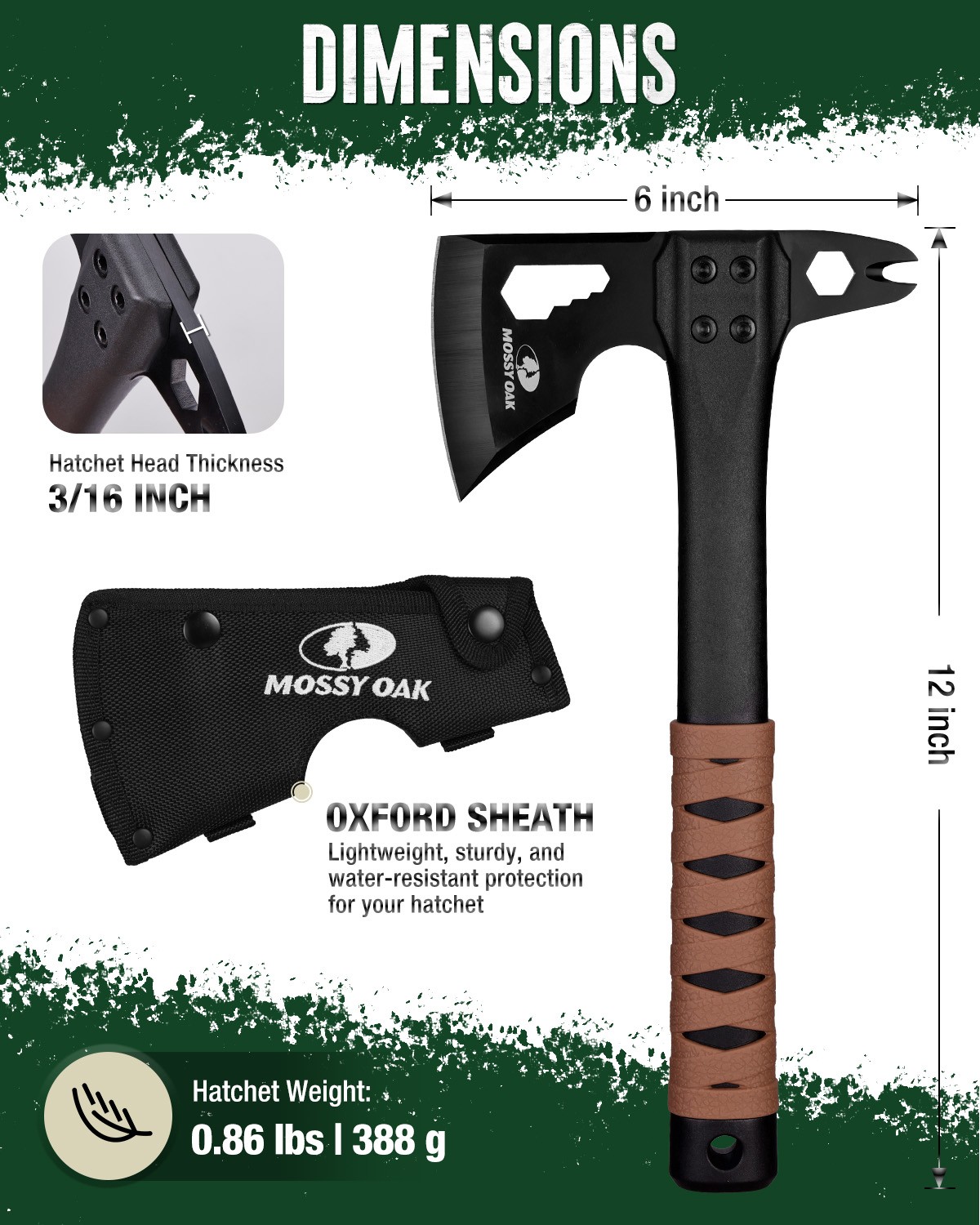 MOSSY OAK 12" Camping Axe and Survival Hatchet Small Camping Gear for Hiking New