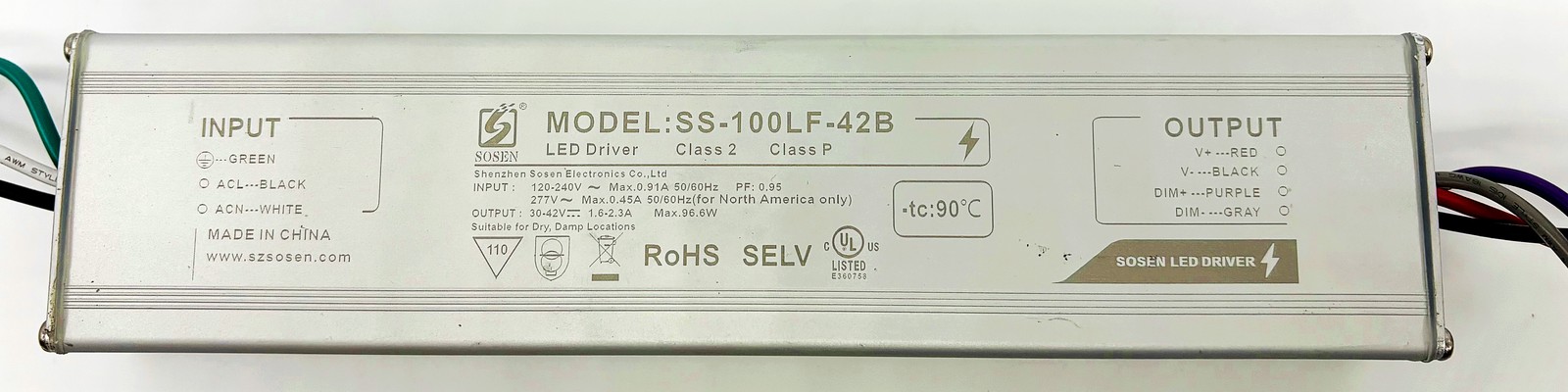 Sosen LED Driver Model SS-100LF-42B,  Class 2, Class P, 120-240V Input,
