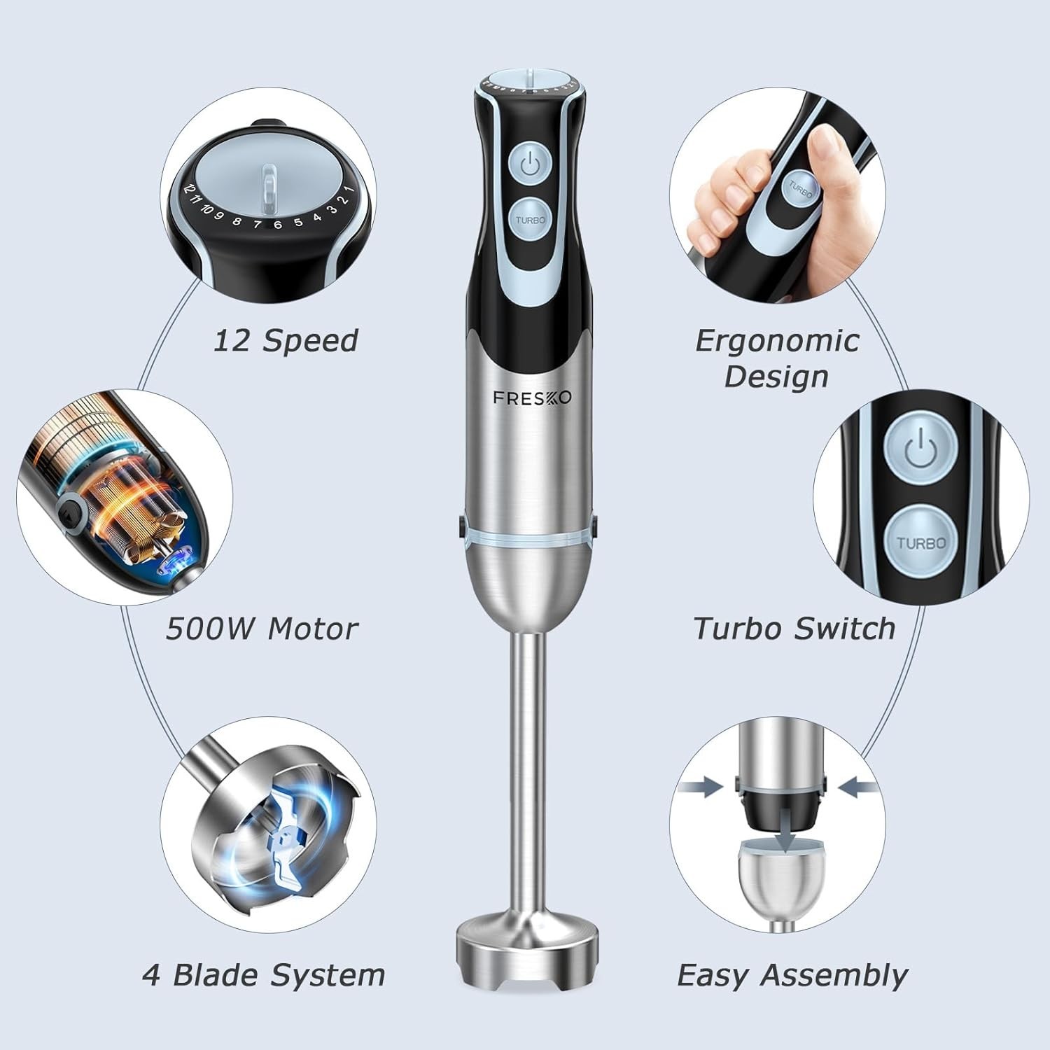 500W 4-in-1 Stainless Steel Immersion Blender with 12 Speeds & Turbo Function