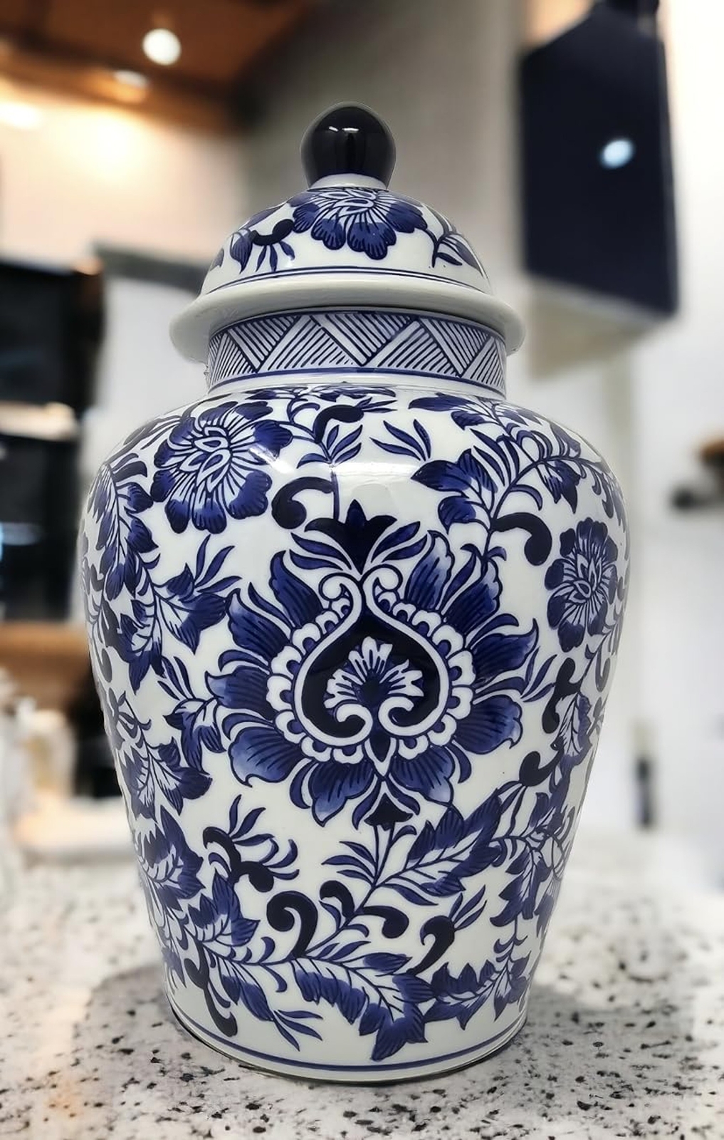 Festcool 14" Blue and White Porcelain Floral Temple Ginger Jar Vase, China Qi...