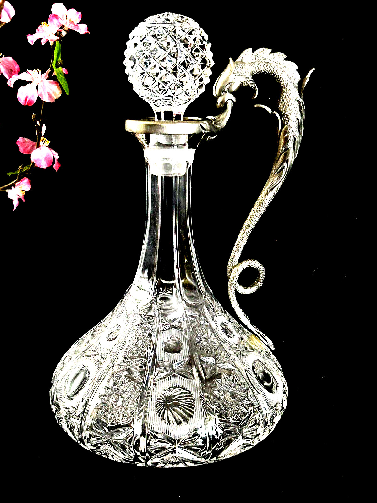 Glass Crystal Decanter Dragon Handle 11.5" Tall Italy