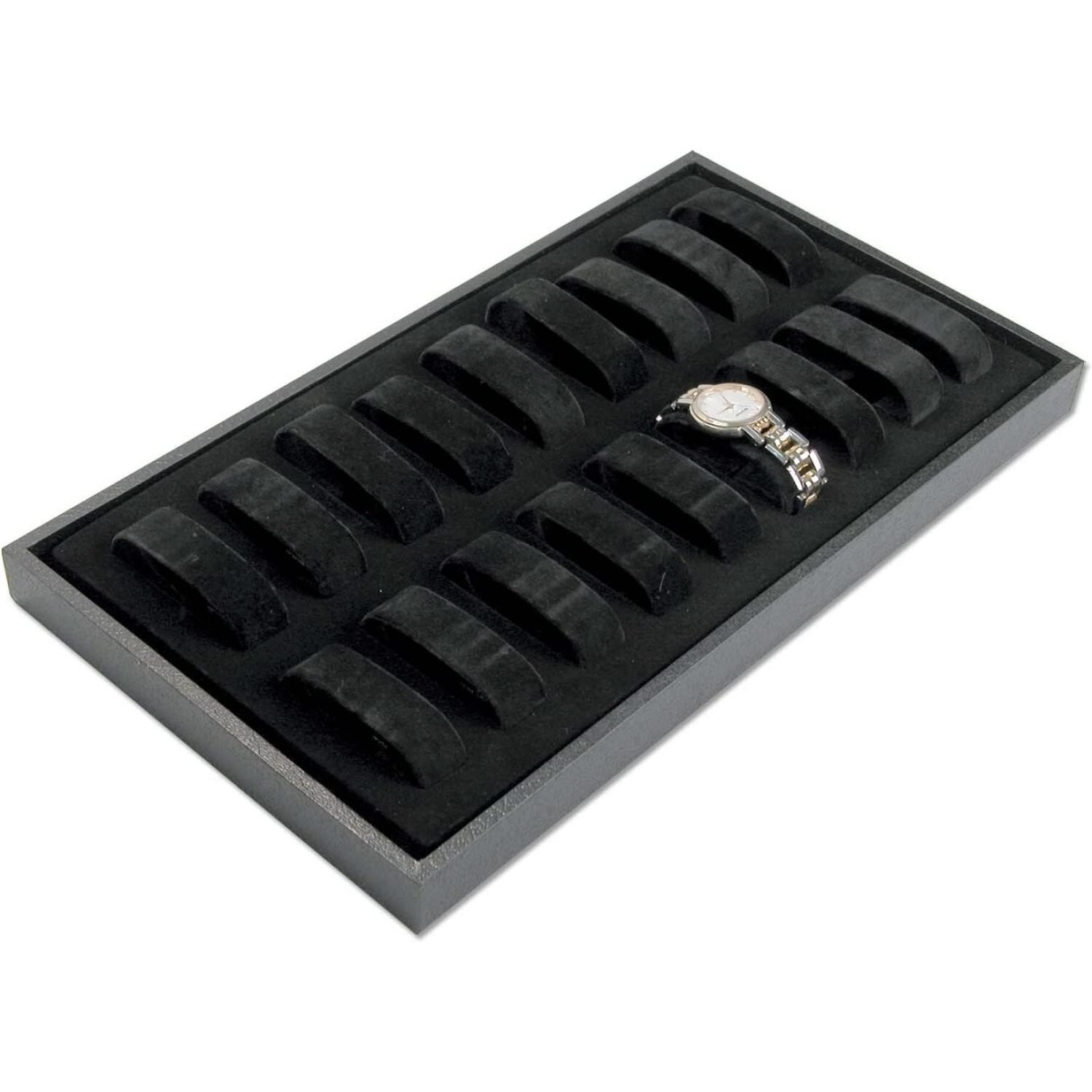 14-3/4'' x 8-1/4'' Black Velvet Watch Display Tray 18 Slot Jewelry Organizer
