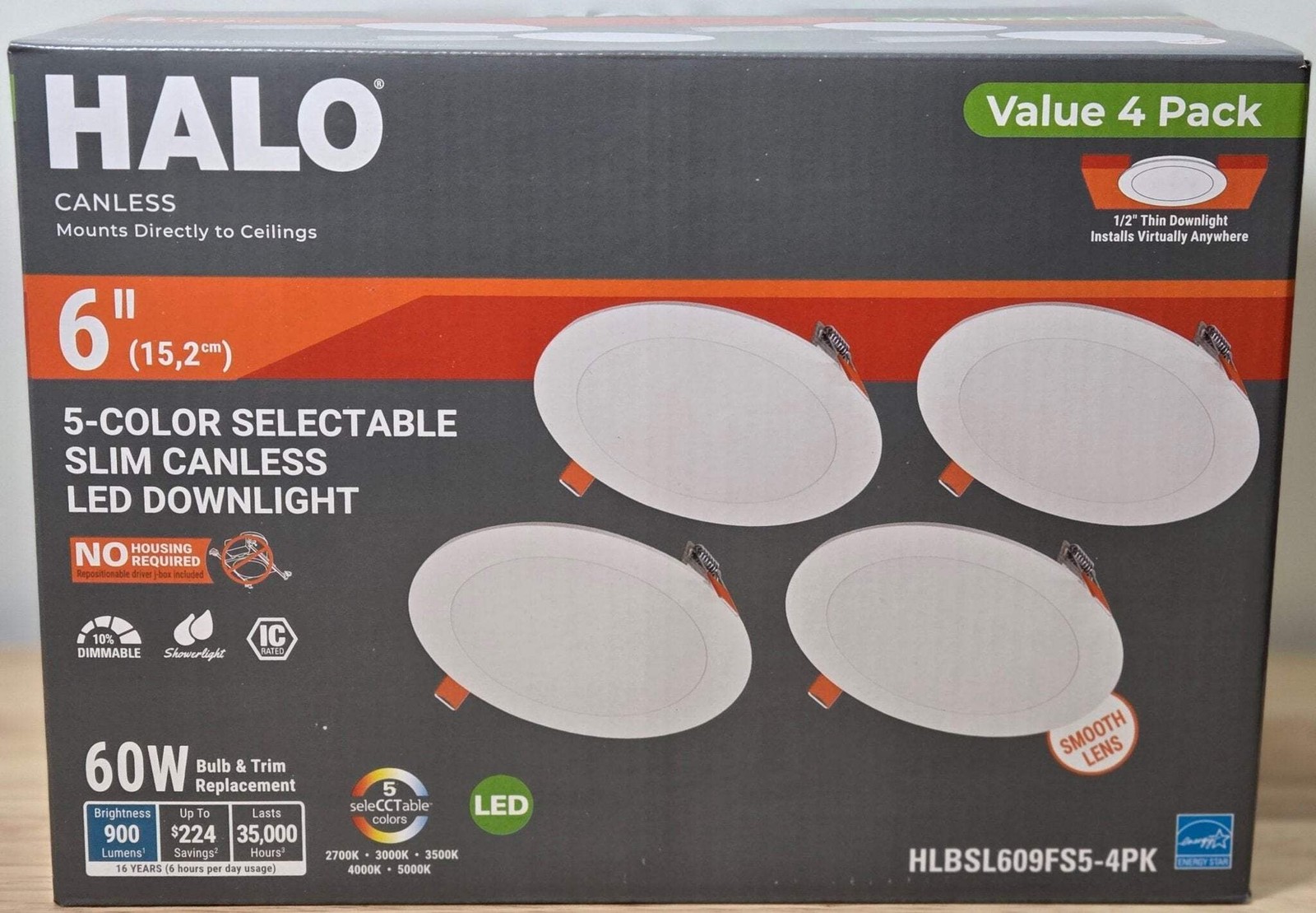 HALO HLBSL 6 in. Can Less Integrated LED White 4-Pack HLBSL609FS5-4PK 900 Lumens