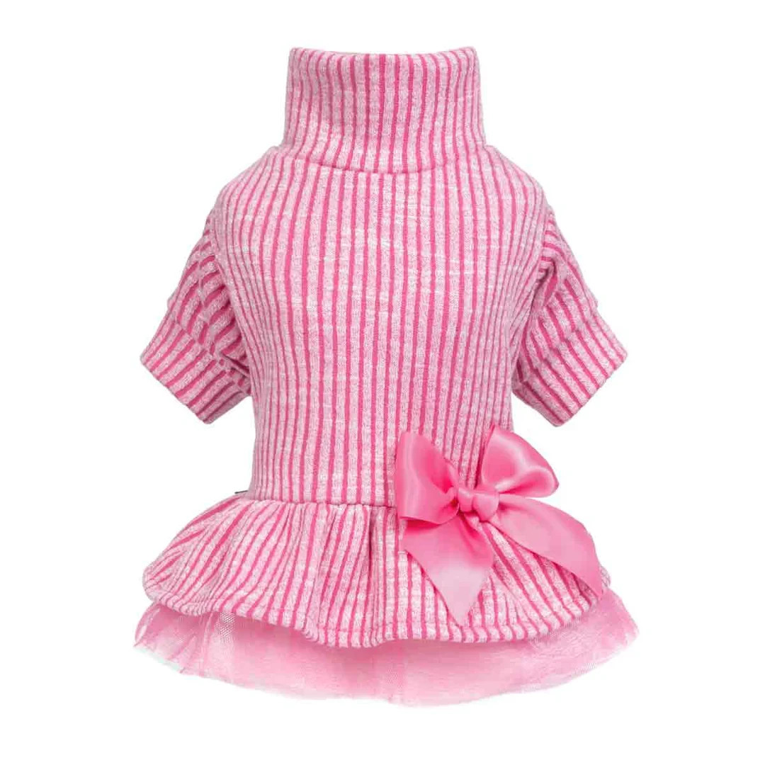 Ultra Soft Turtleneck Knitted Dog Dress – Pink Ribbed Tulle Sizes XS S L NEW
