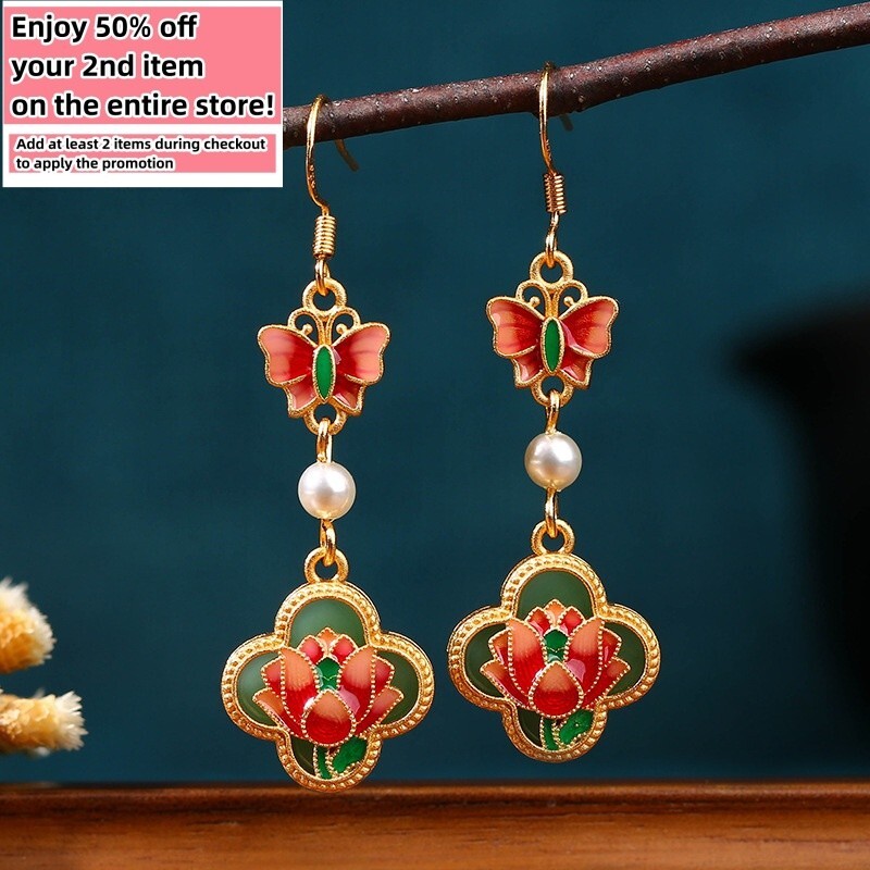 Jade Pearl Dangle Earrings Boho Butterfly Flower Dainty Gemstone 18K Gold Plated