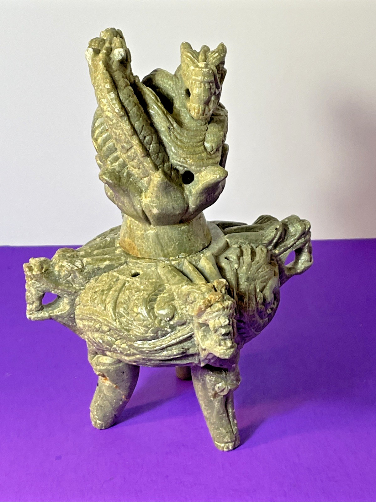 Chinese Stone TRIPOD Jar Lidded Dragon Lion Carved Two Piece Incense Burner