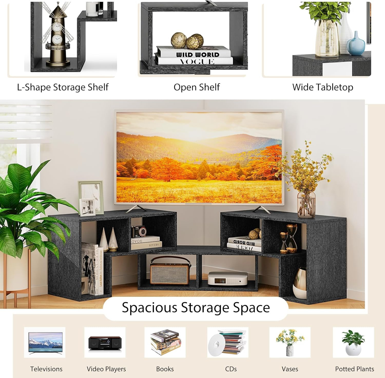 3 Piece Adjustable TV Stand Console Media Center for 50-65 Inch TV Black