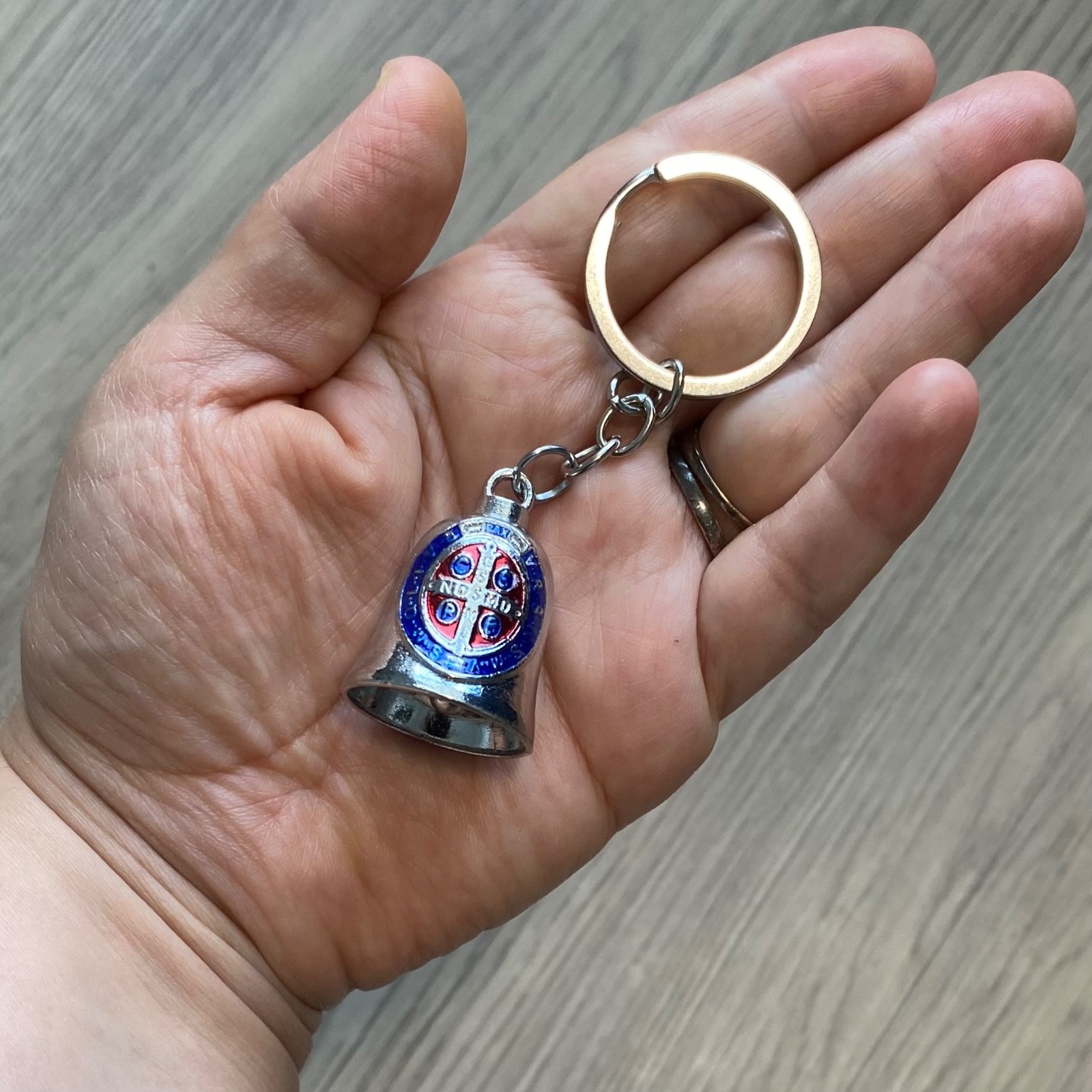 Saint Benedict Silver Bell Keychain Catholic Protective - Llavero San Benito