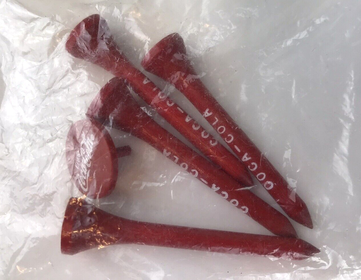Coke COCA COLA Four Red Wooden Golf Tees and Ball Marker Set NOS Advertising