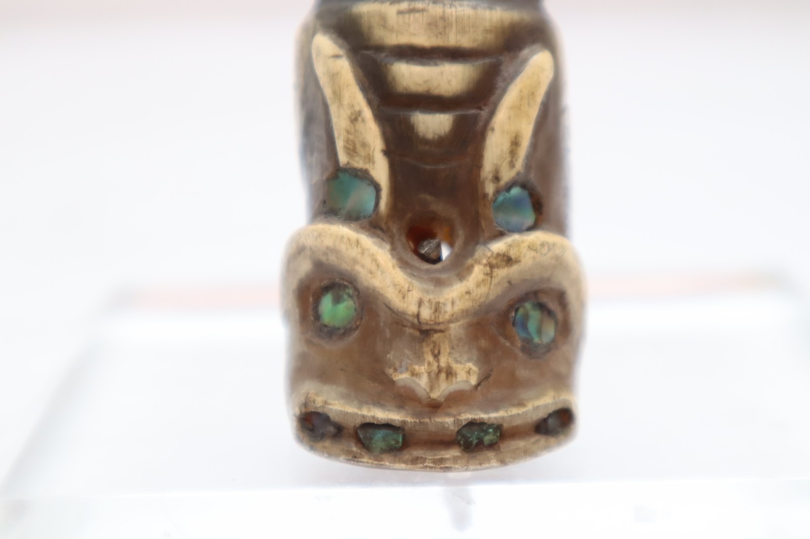 OLD HAIDA-TLINGIT ANTIQUE CEREMONIAL LADLE Horn Spoon Handle Carved Totem Inlaid