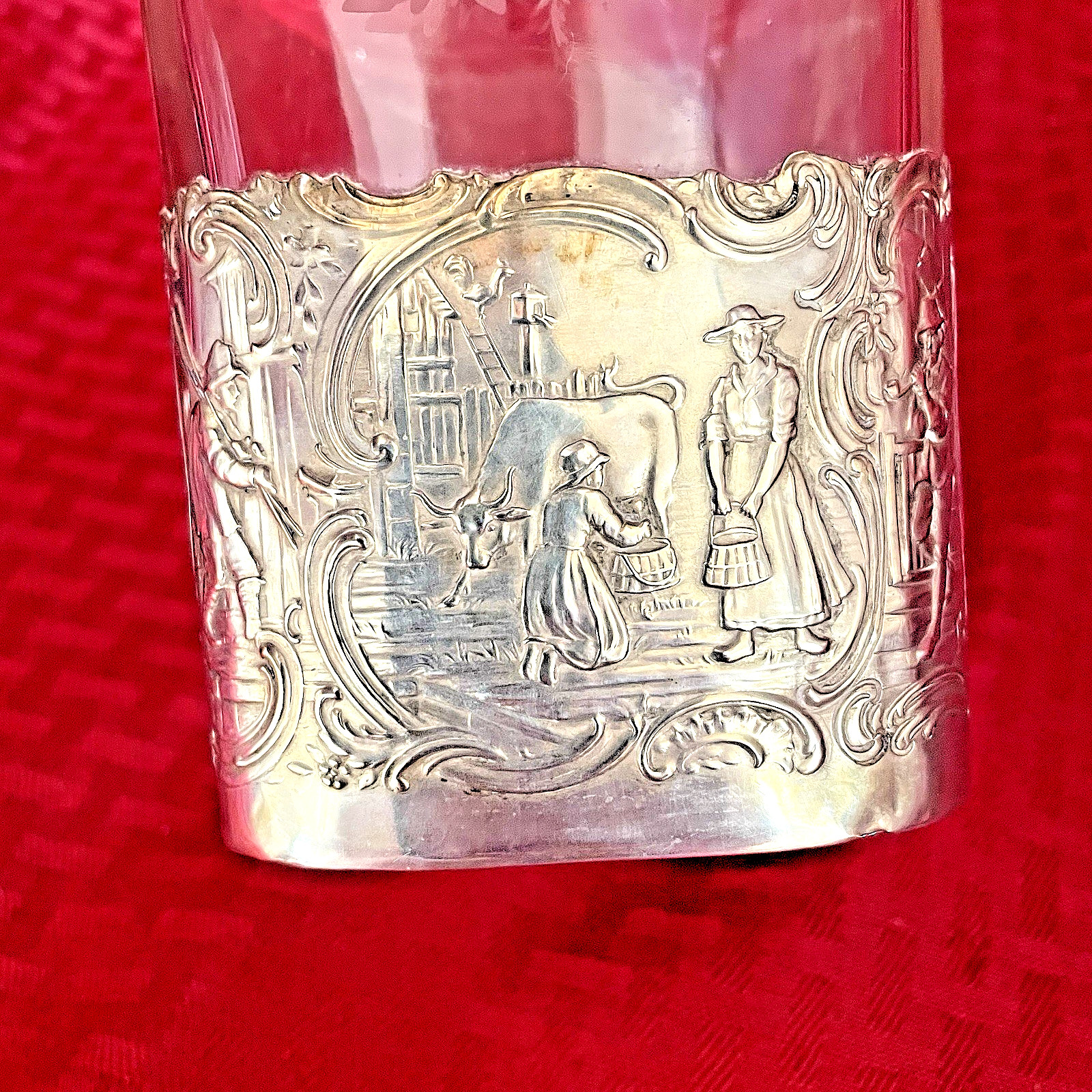 ANTIQUE GERMAN HANAU .800 SILVER OVERLAY ON ETCHED DECANTER