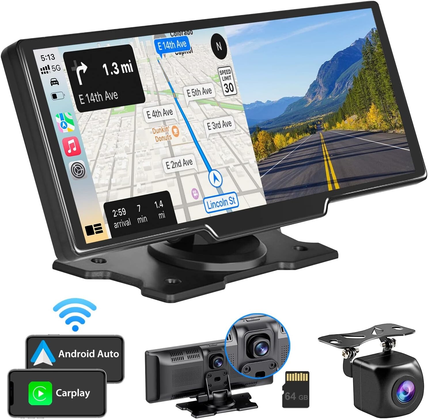 Portable Wireless Carplay Car Stereo with 2.5K Dash Cam-9.3" HD,1080p Backup Cam