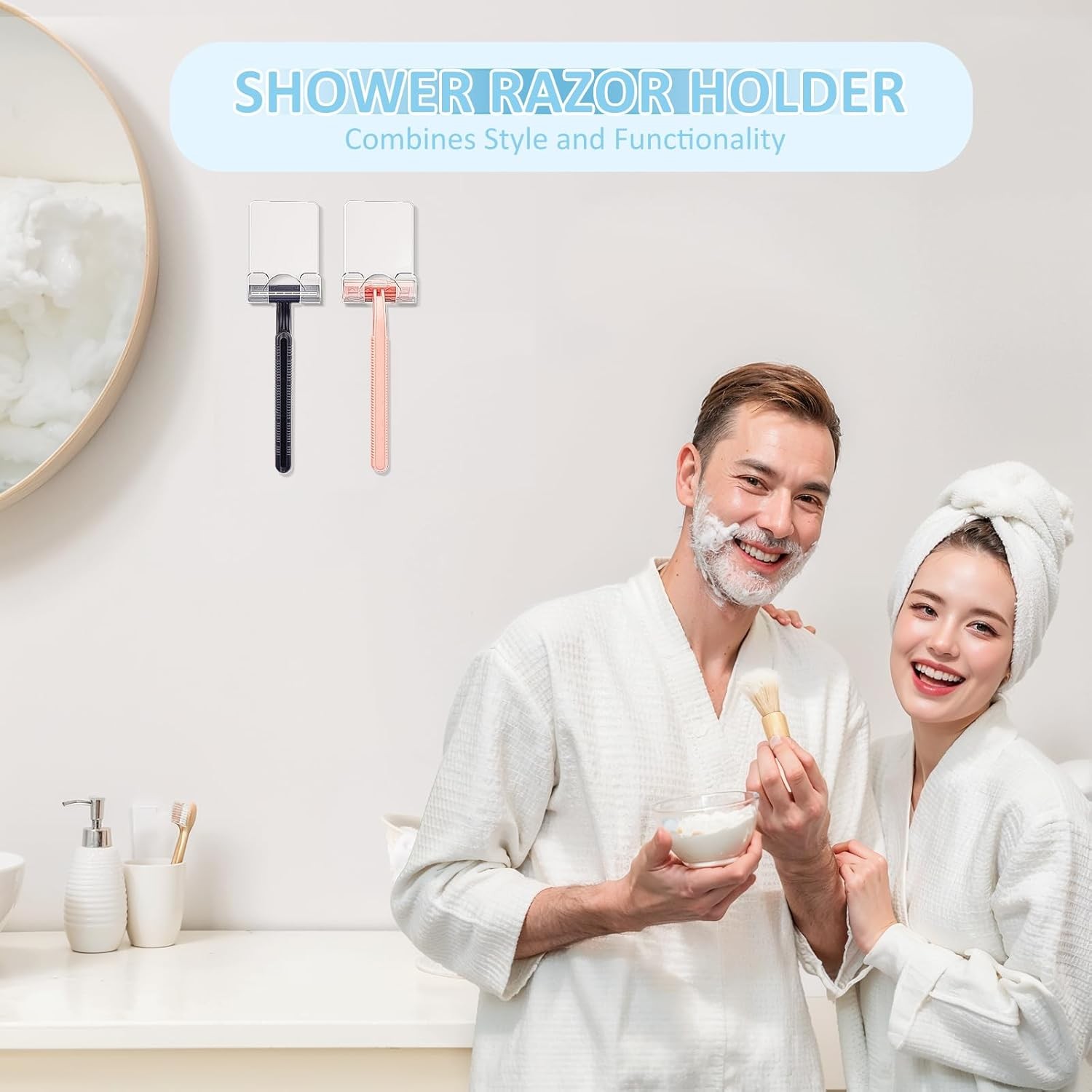 VIS'V Shower Wall Razor Holder, Acrylic Adhesive Razor Hooks for His and Hers, W
