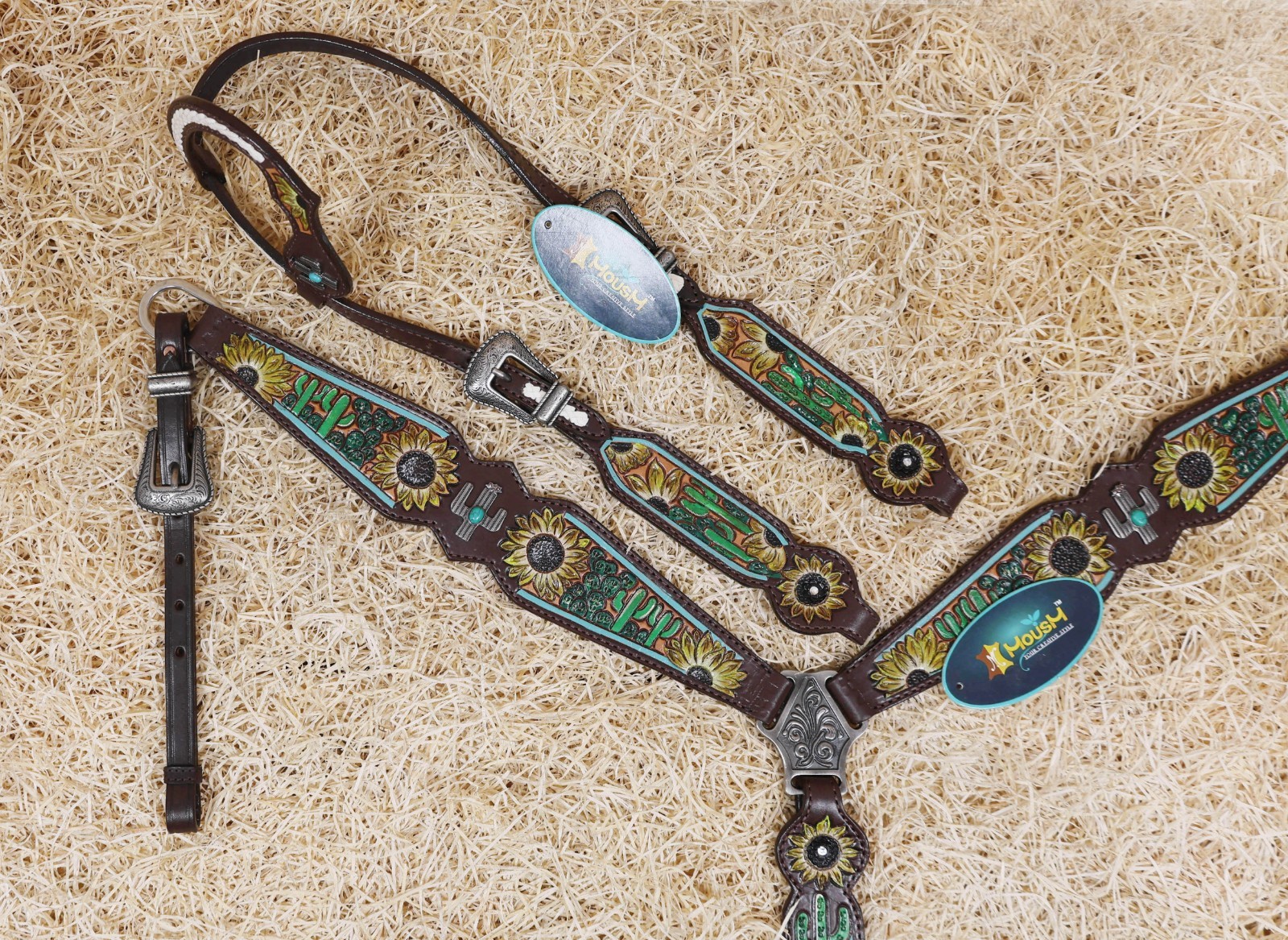 Western Leather Headstall and Breast Collar Tack Set