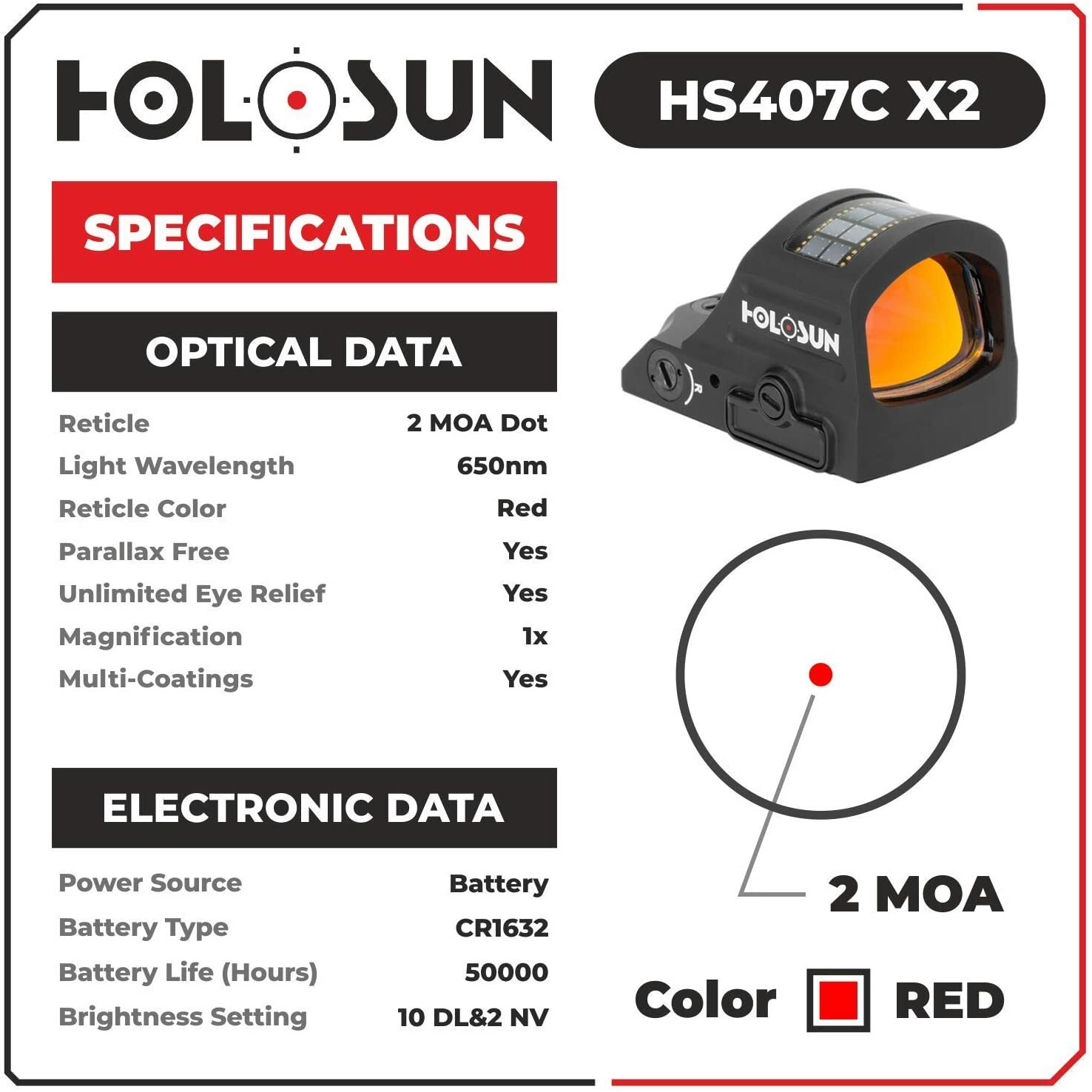 Holosun HS407C X2 2 MOA Red Dot Open Reflex Sight