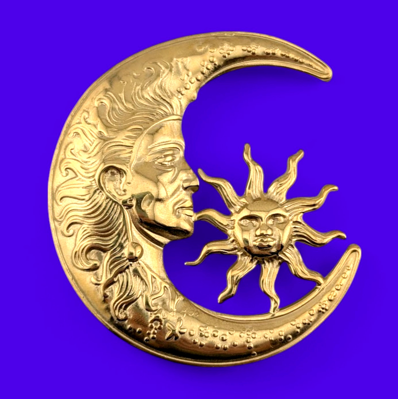 CELESTIAL SUN MOON BROOCH face 90s retroshiny stamped goldtone pin L4