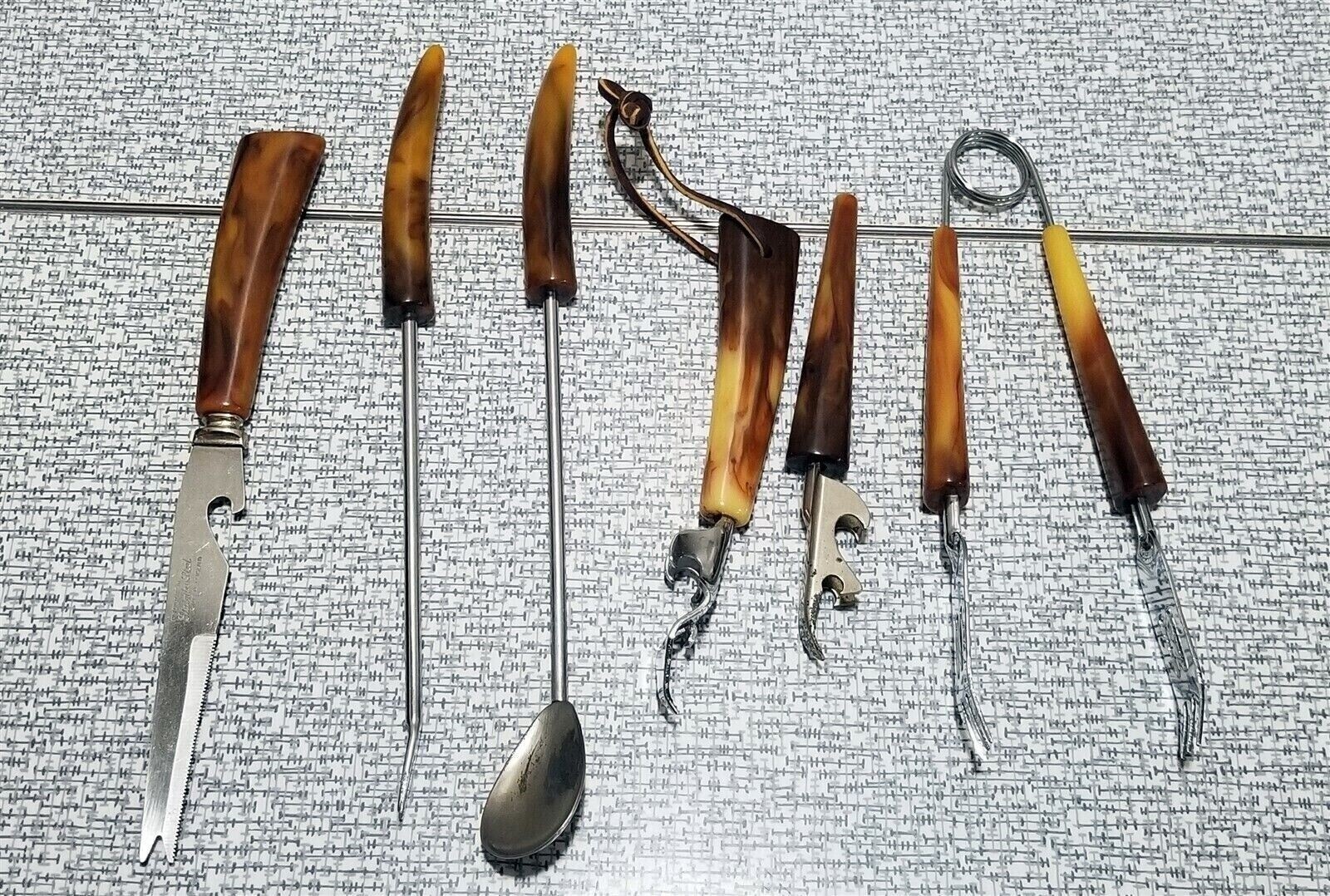 Vintage SET of 6 Barware UTENSILS Bar Tools Marbled BAKELITE HANDLES Sheffield