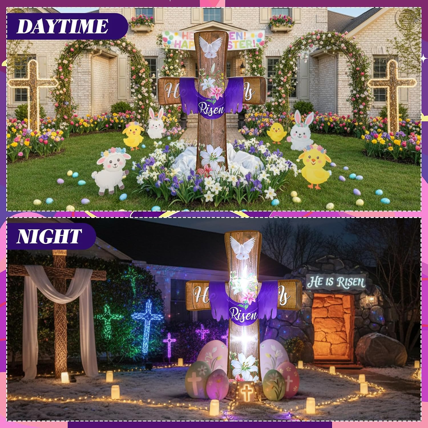 6Ft Easter Inflatables Outdoor Decorations He Is Risen Blow up Cross Yard Decora