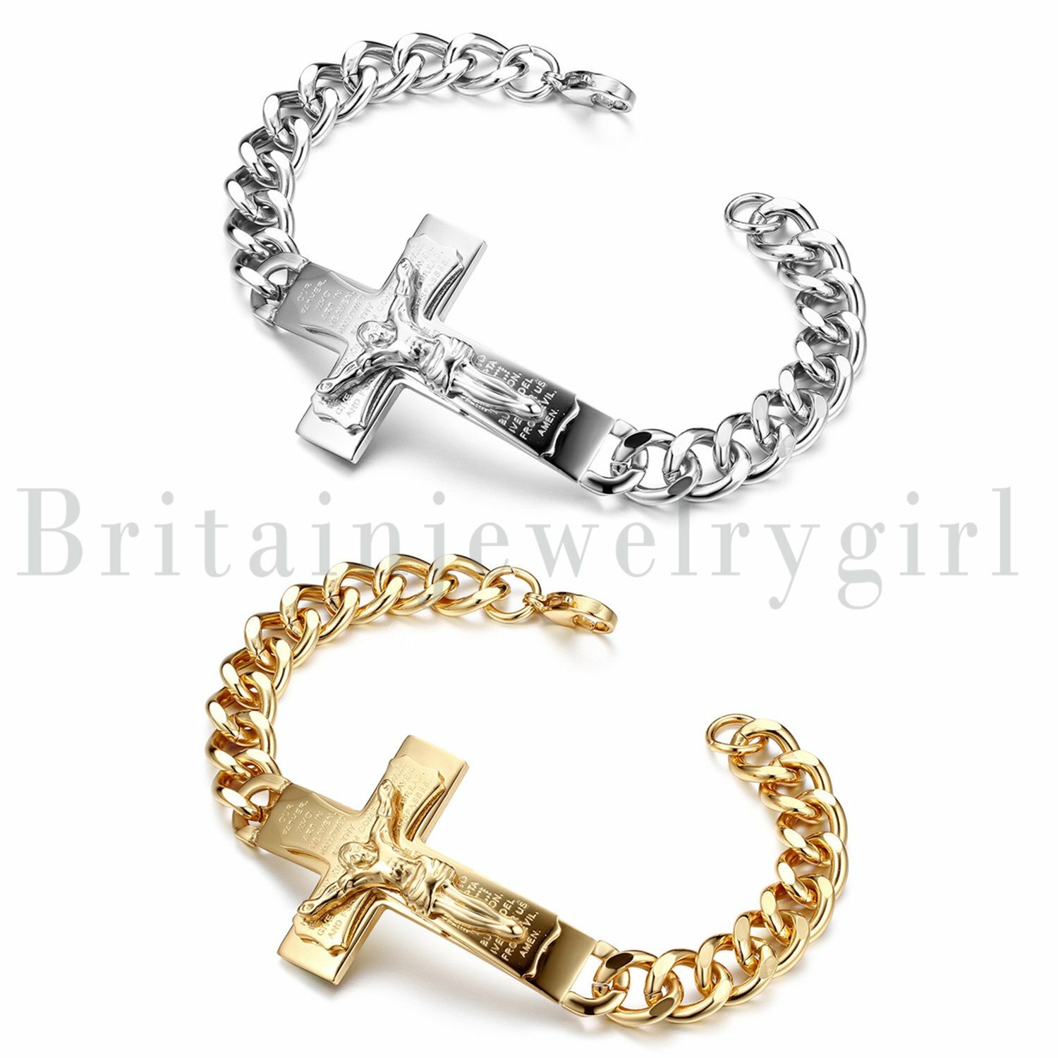 Stainless Steel Jesus Crucifix Cross Prayer Curb Chain Bracelet Wristband Men