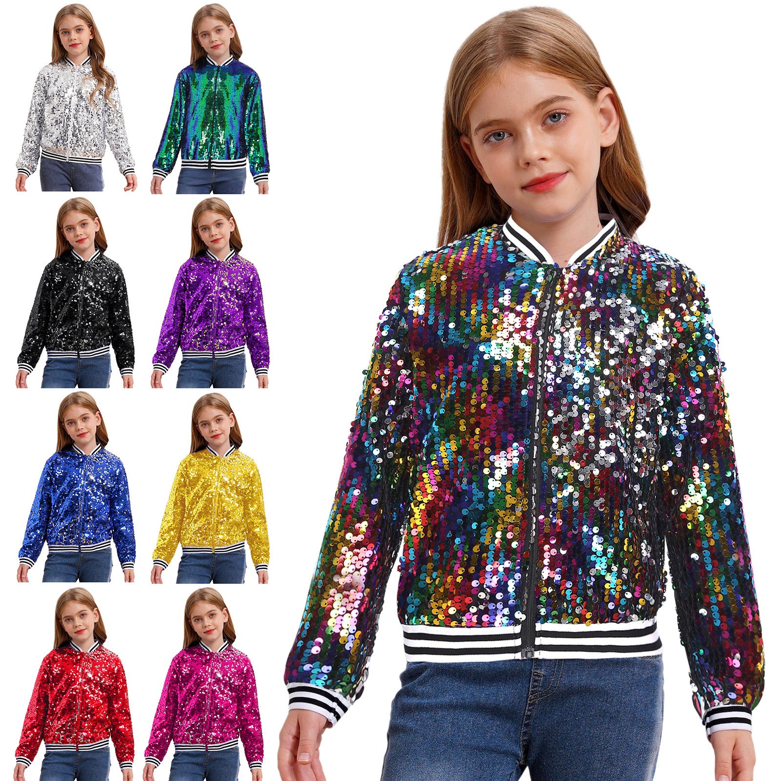 US Kid Girls Baseball Jackets Stylish Coat Street Dancing Outerwear Sequin Shiny